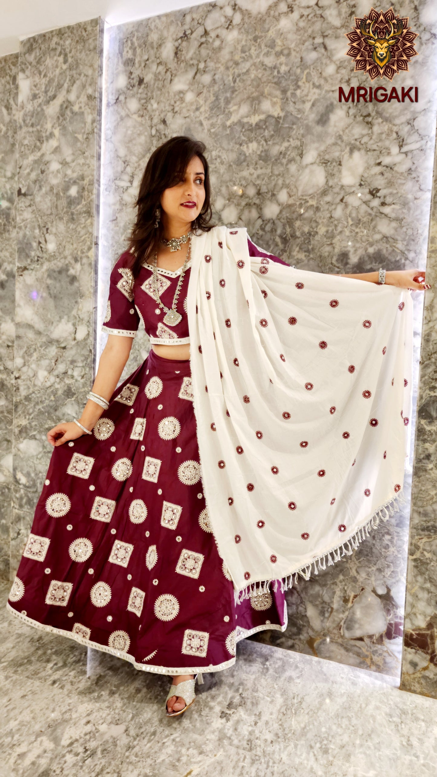 Women's Designer Trending Rajasthani Lahenga Choli with Geometrical design thread work in Maroon White contrast colors