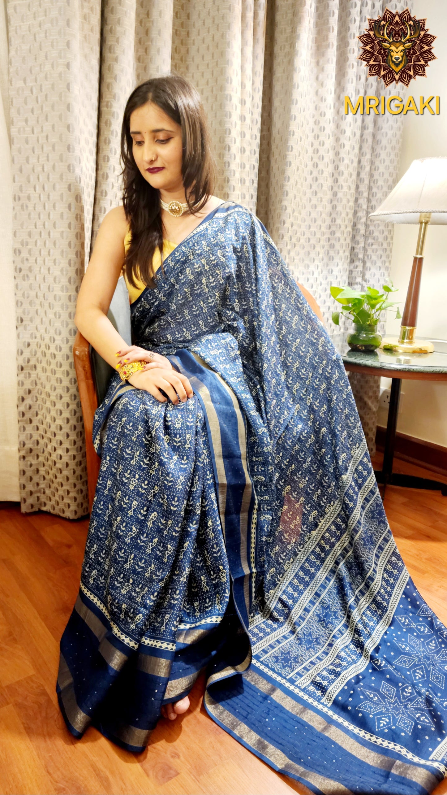 Royal Blue Color Sequence Warli Print Chiffon Saree with woven border & printed blouse-piece