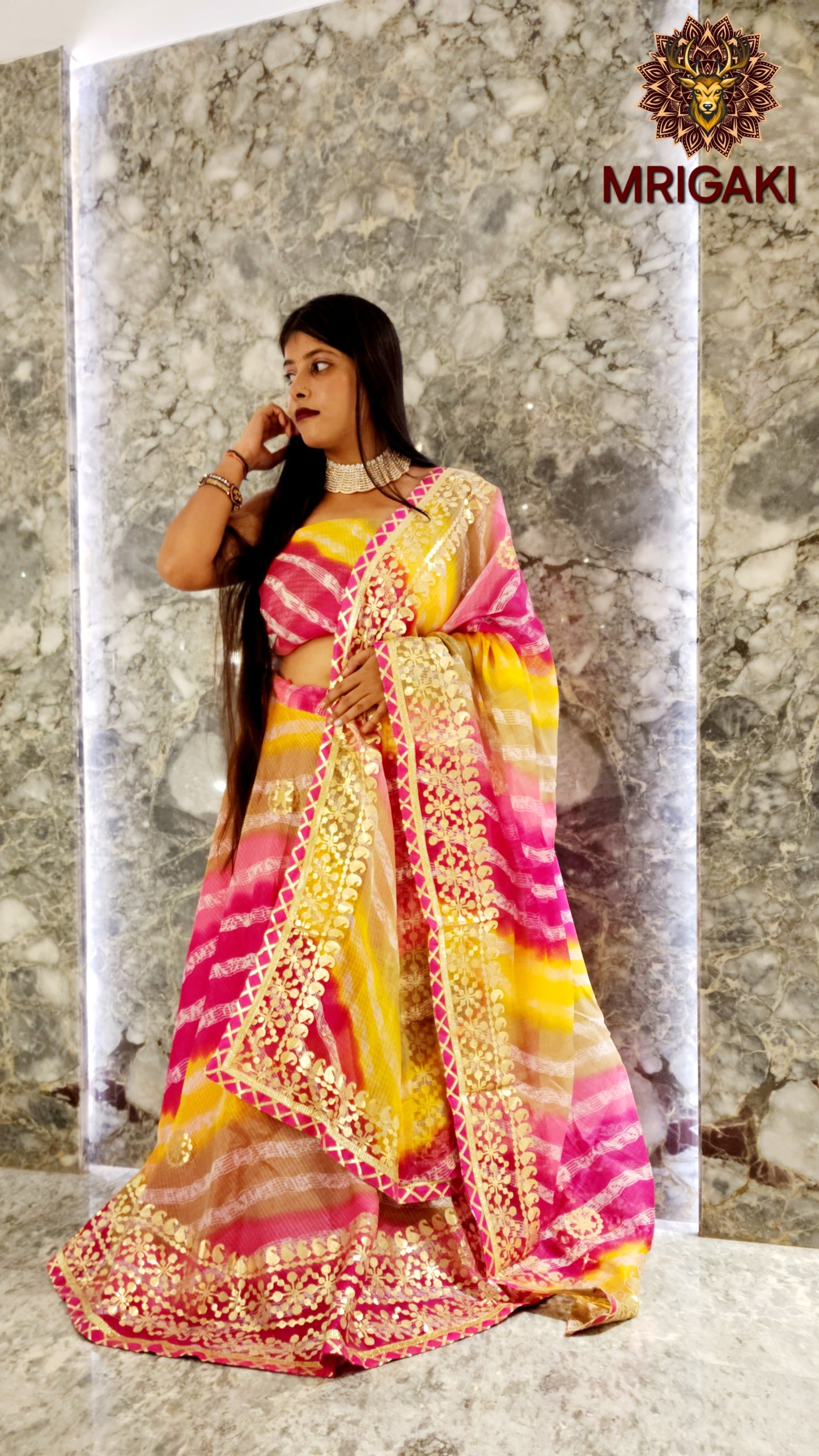 Rajasthani Laheriya pattern Multi-color Kota Doria Lahenga with Dupatta