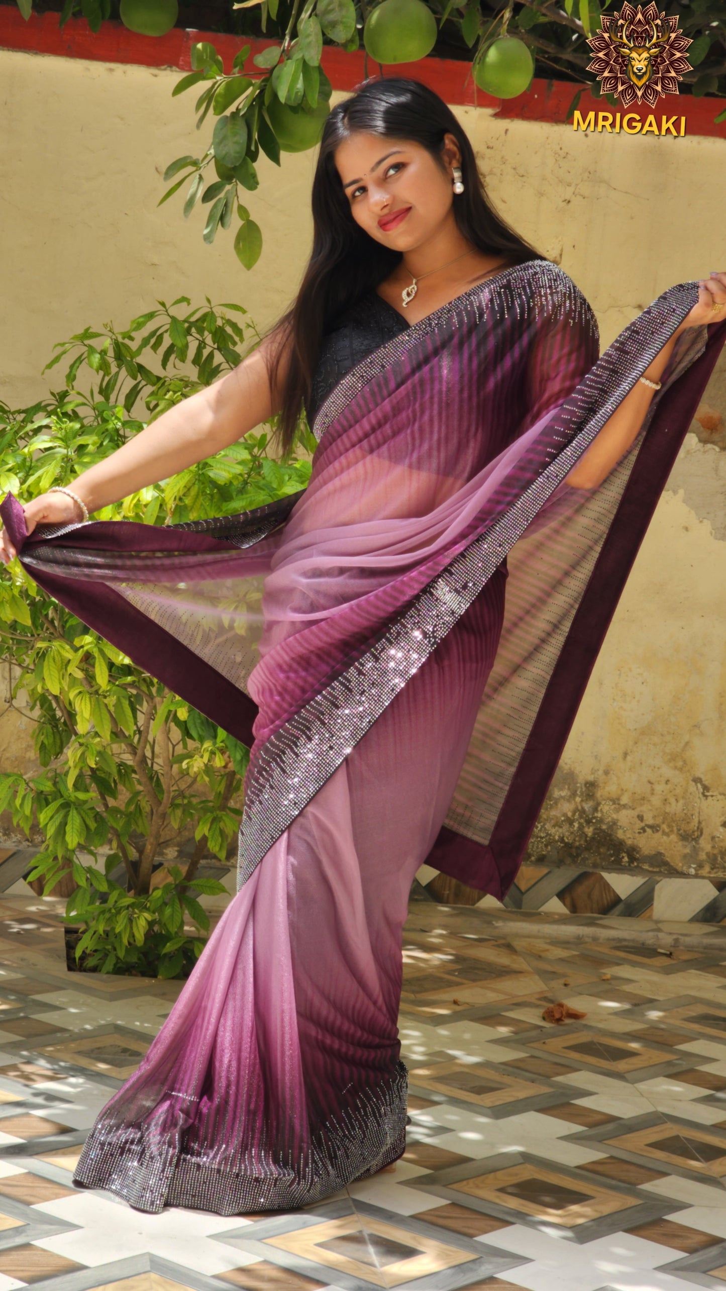 Maroon Black contrast Lycra Saree Double Shaded with Light Diamond work