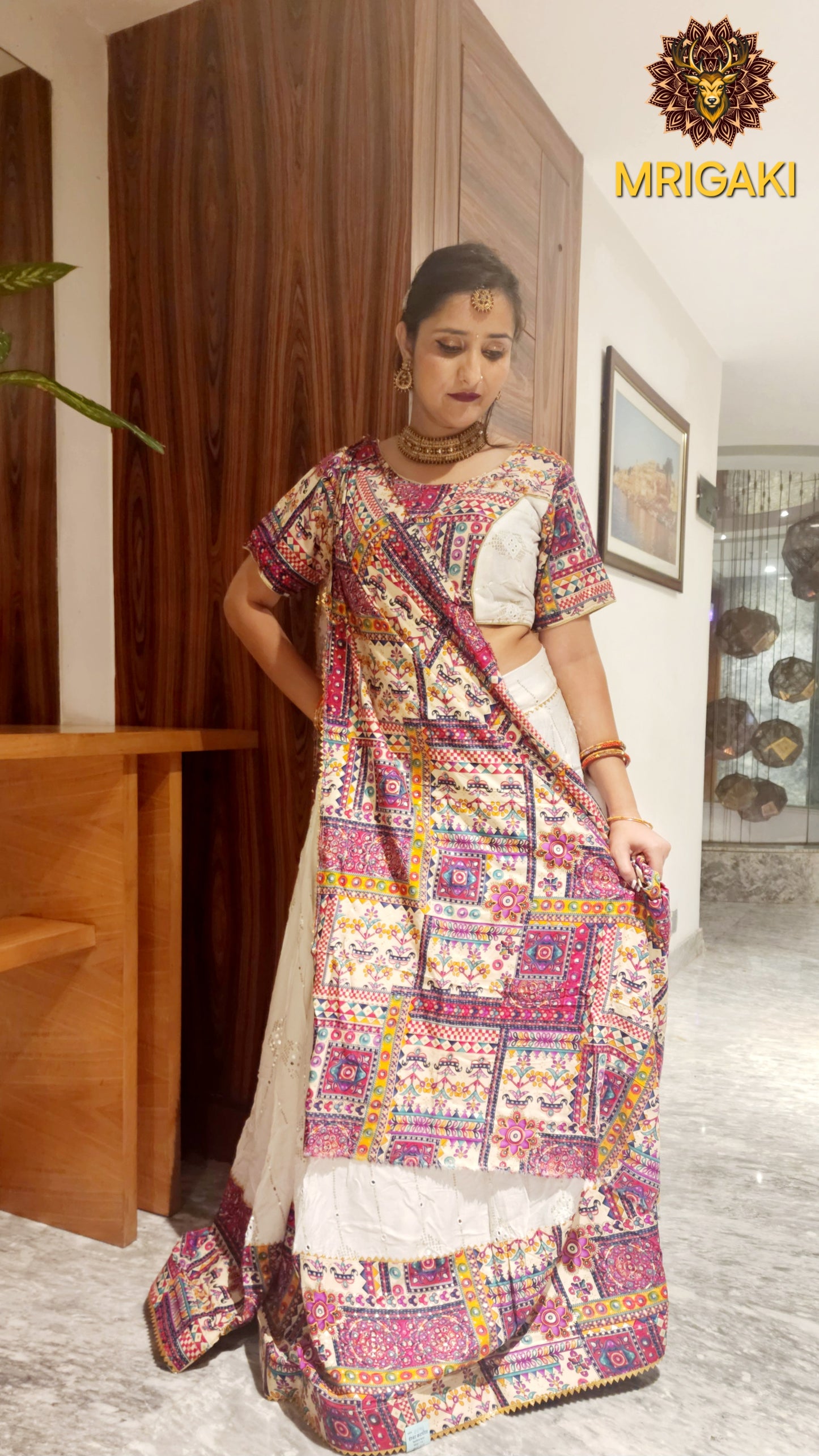 Rajasthani Pure Rayon Cotton printed Lehenga Choli with Multi-color patchwork on borders & Dupatta