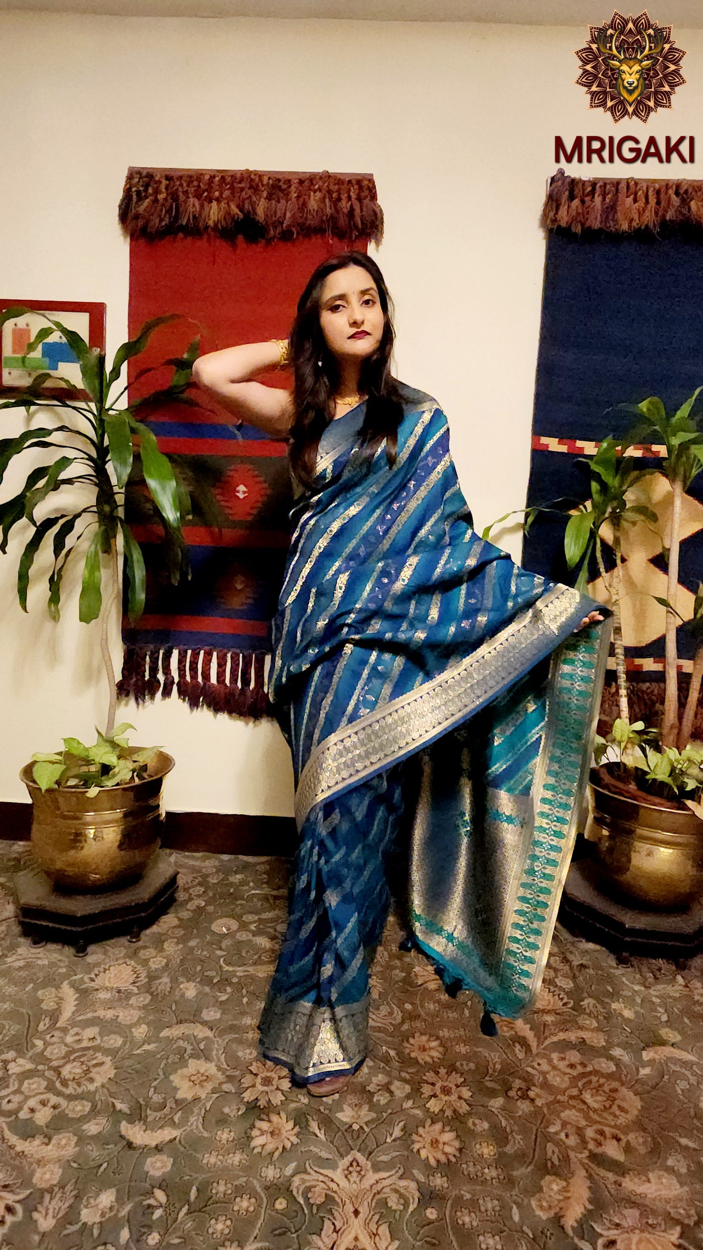 Laheriya pattern Dupion Silk saree with Contrast Blue colors & golden zari intricate work on borders & pallu