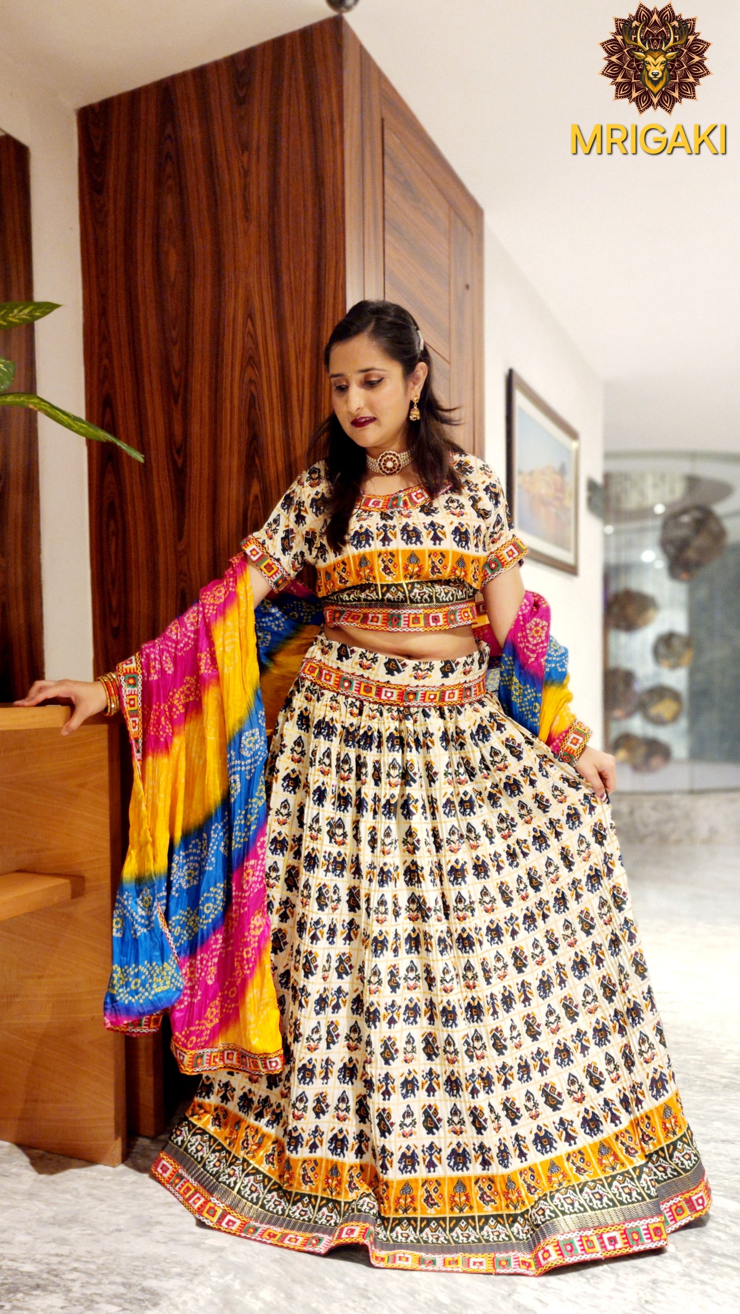Cream Cotton Multi-color Satin digital print Navratri Special Lahenga Choli