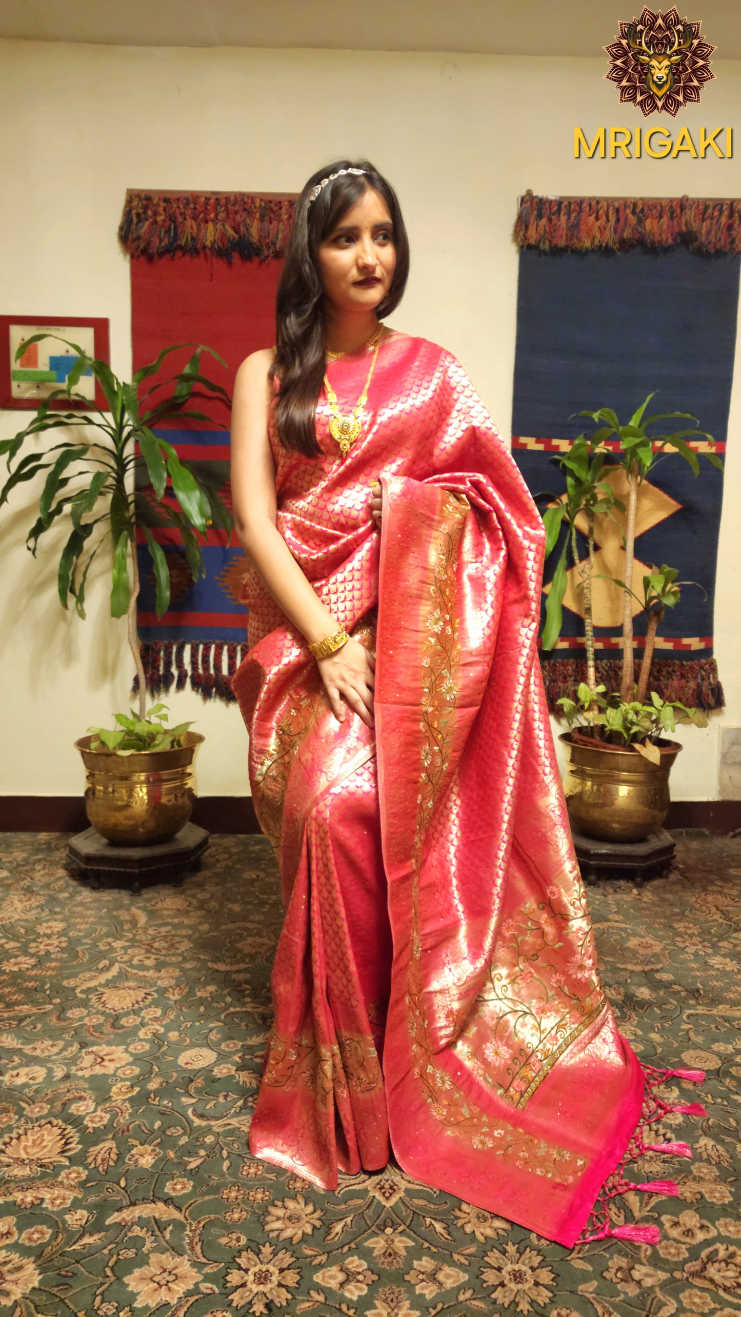Pink Color Satin Silk Brocade saree with flower pattern border & pallu, Swarovski work all over