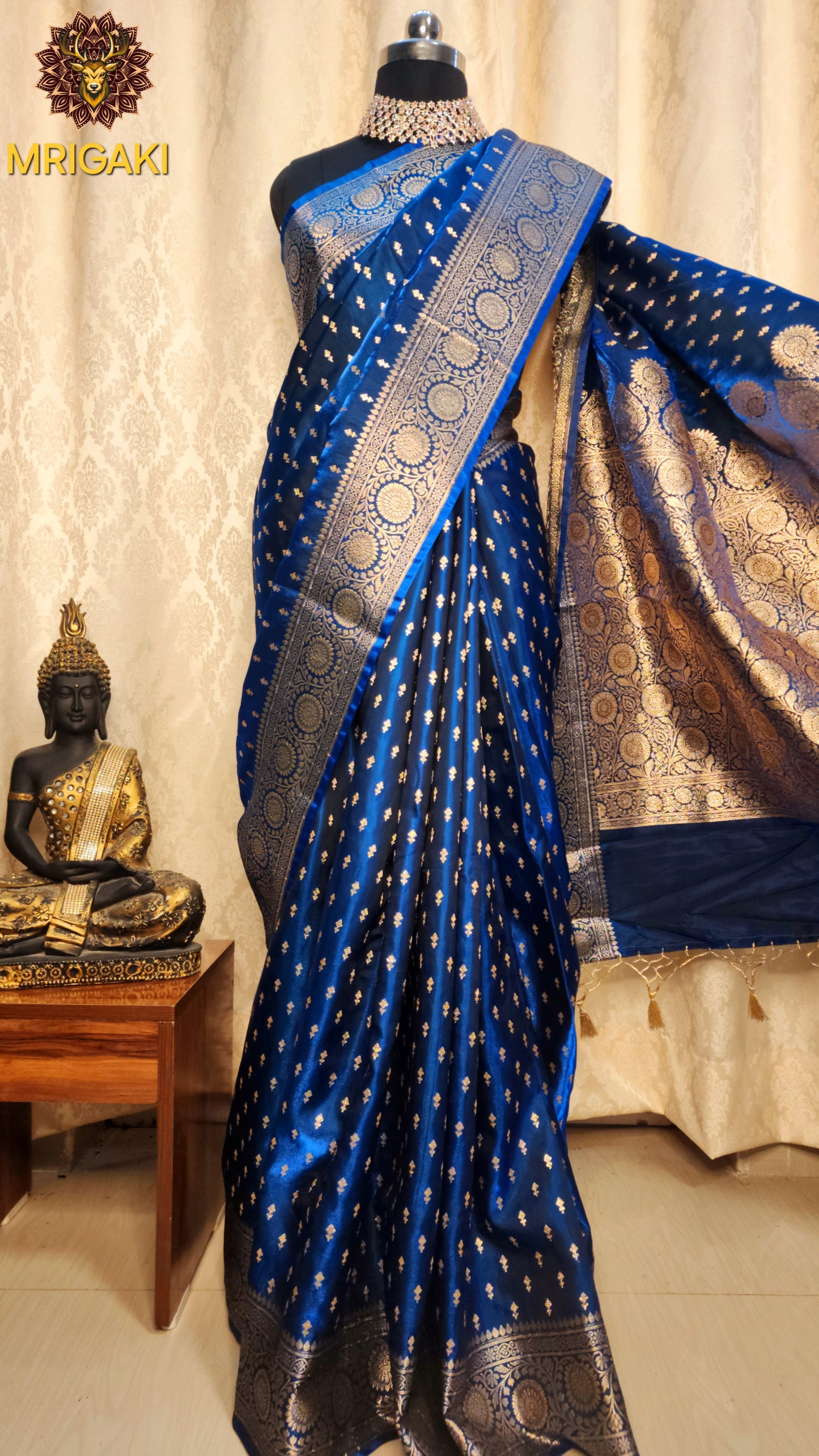 Royal Blue color Satin Silk Banarasi Saree with Thousand butti & Zari border & Pallu