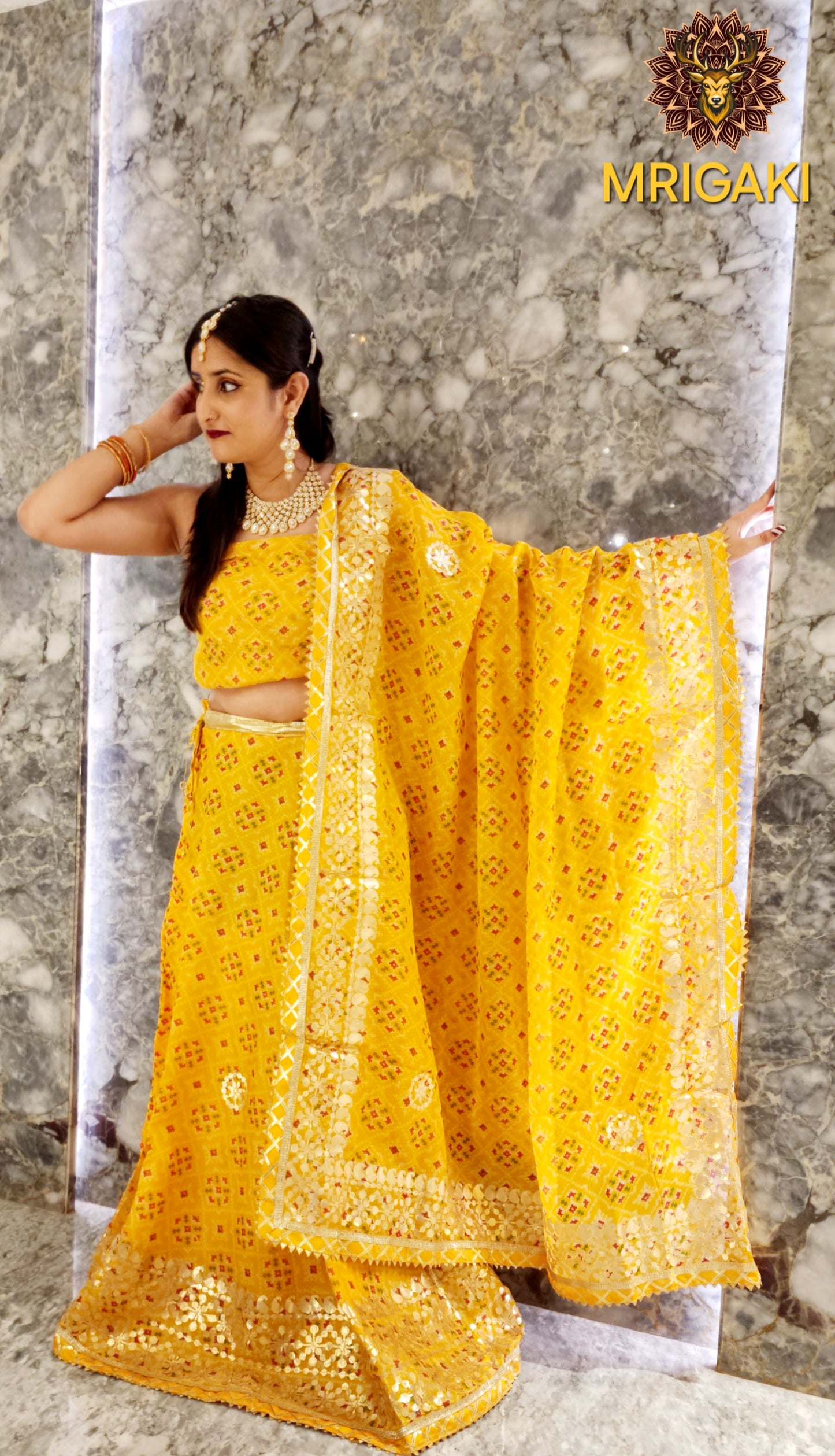Rajasthani Bandhani Print Yellow color Kota Doria Lahenga with Dupatta