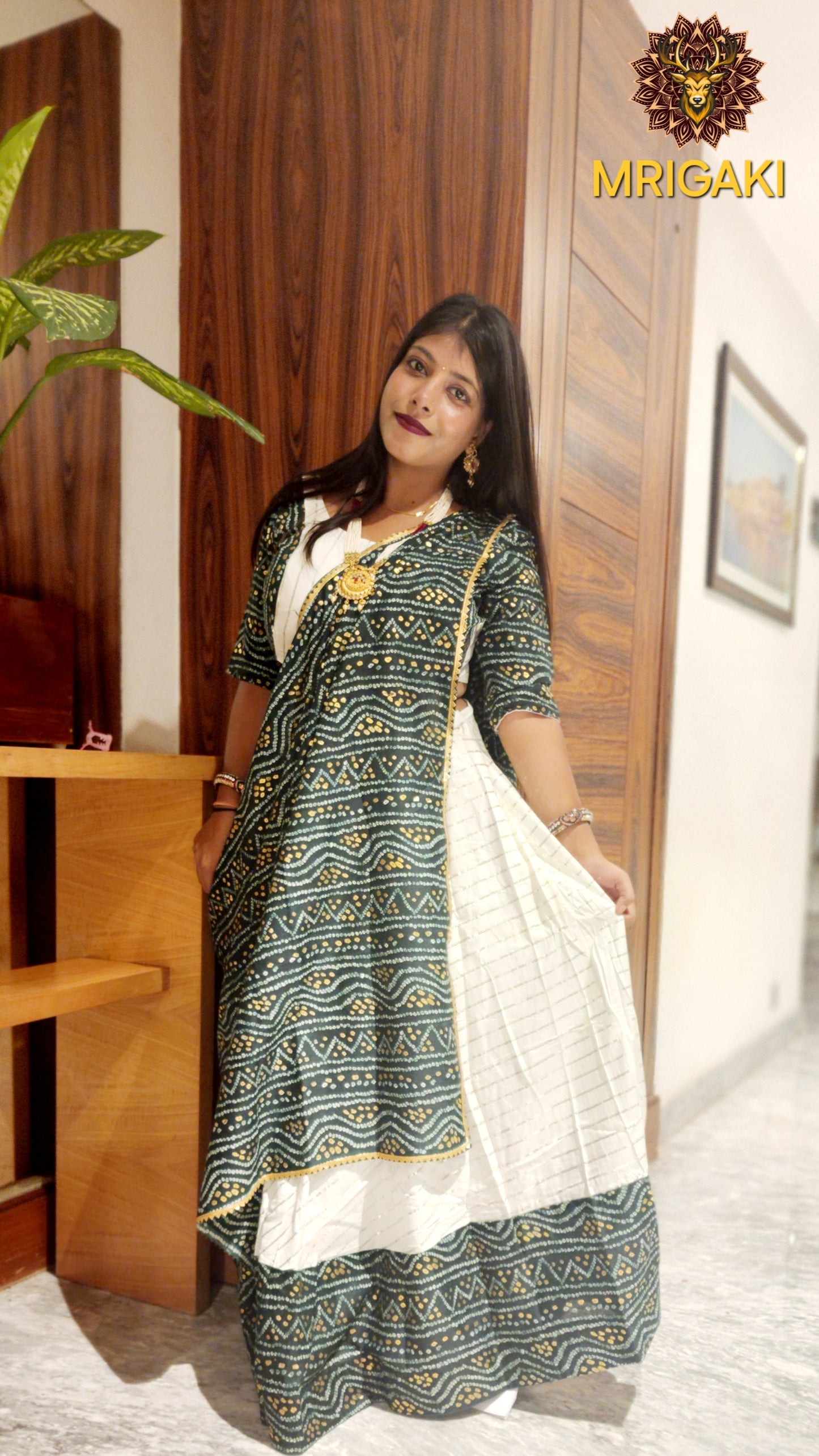 Rajasthani Embroidery Handwork Festive special Chaniya Choli with Dupatta in Rama Green & White contrast colors