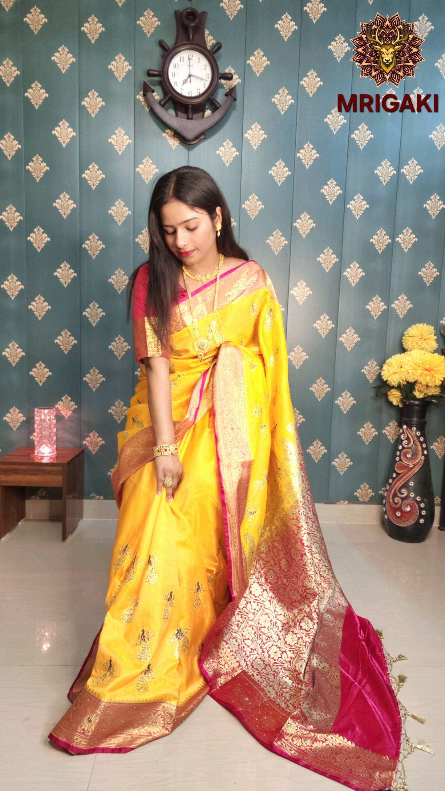 Yellow Rani Pink Satin Silk Saree with Golden stone designer peacock work all over, Zari border, Brocade Pallu