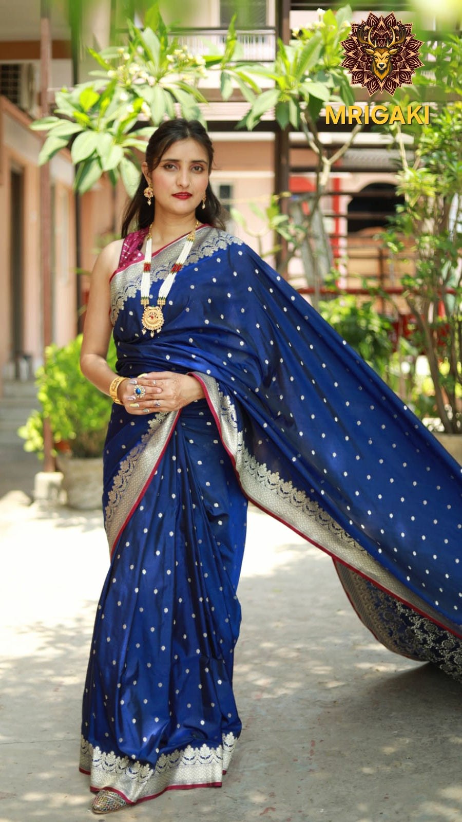 Banarasi Satin Silk Royal Blue Saree with Golden Small Butti all over