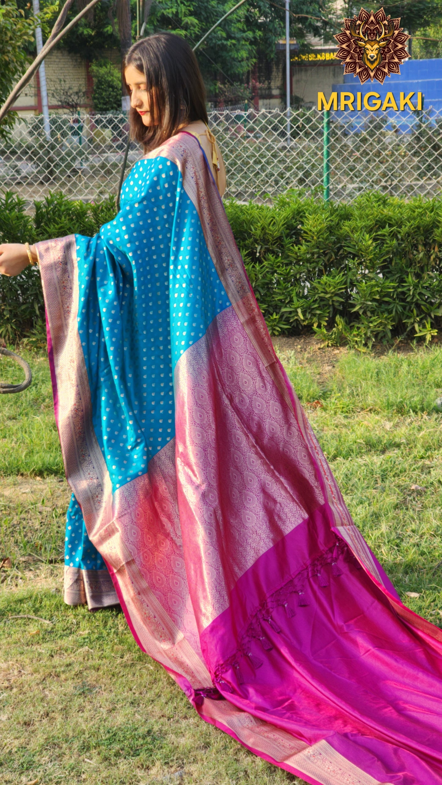 Banarasi Satin Silk Blue-Rani Pink contrast Saree with Thousand Butti & Heavy Zari Border