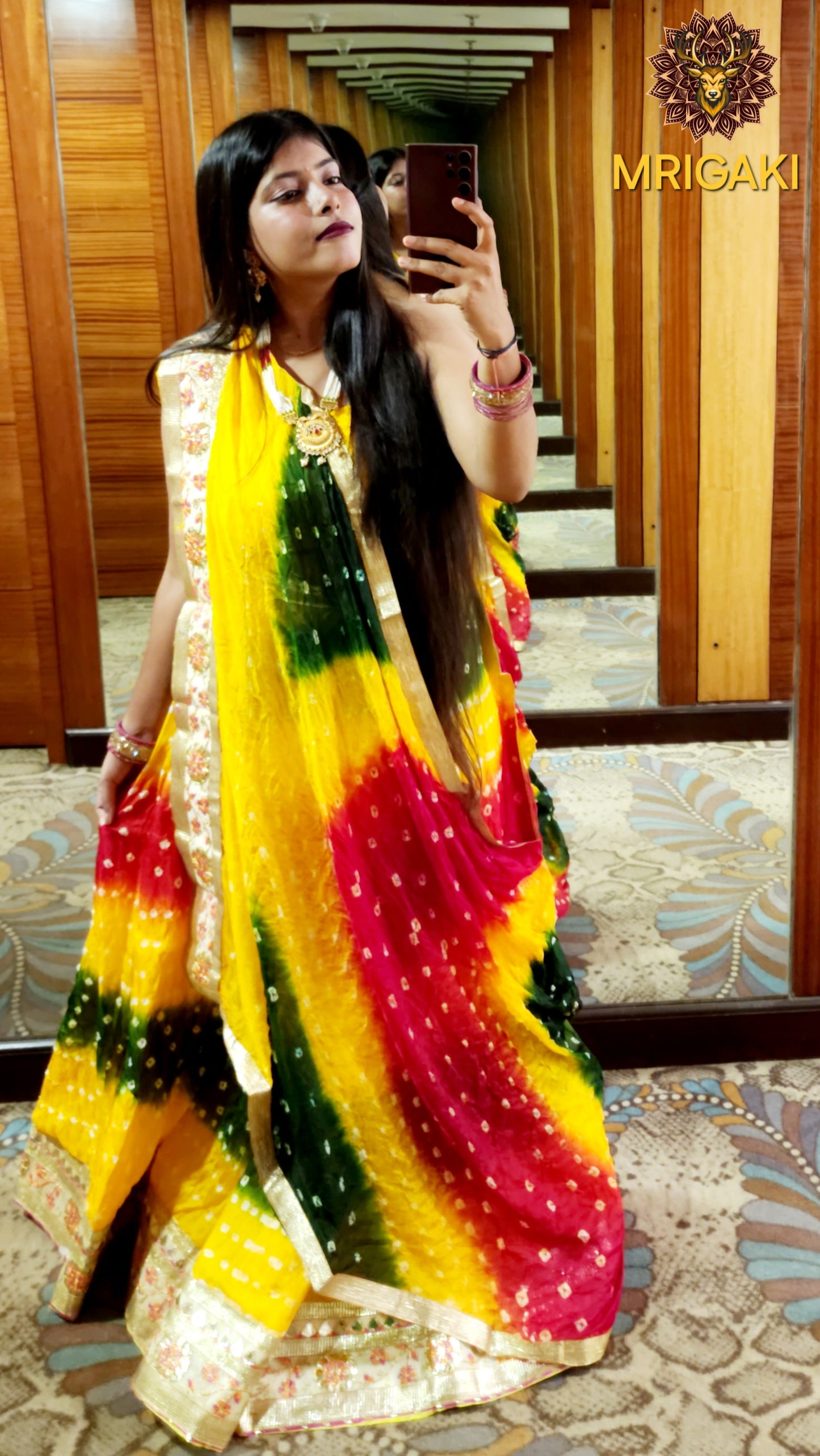 Gota patti Embellished Rajasthani Bandhani Semi-stitched Lahenga Choli in Yellow, Red & Green contrast colors