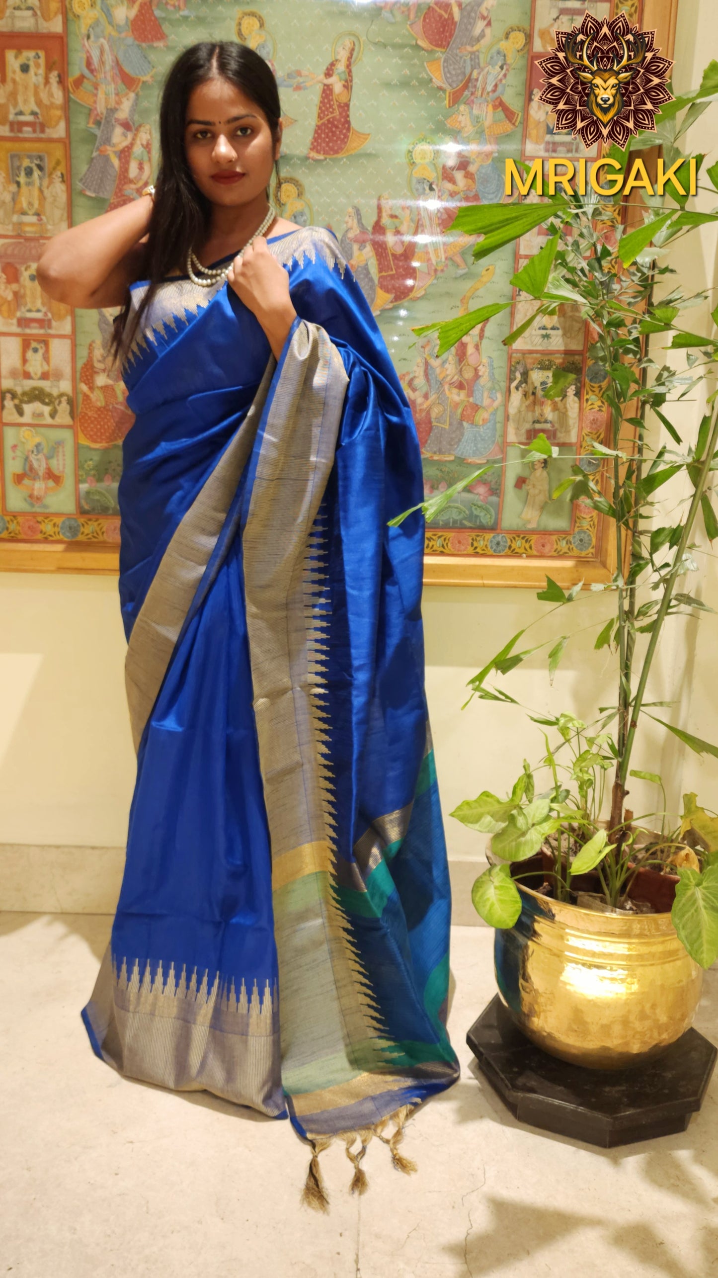 Royal Blue Color Pure Silk Cotton Ahilya Saree with Wavy Temple Saree Zari Border