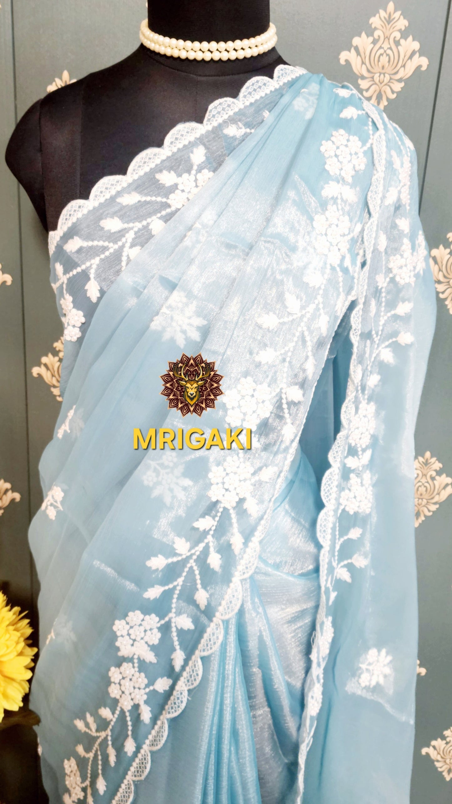 Jimmy Choo Fabric with Flower pattern White Pearl (Moti) work on borders & butti inside