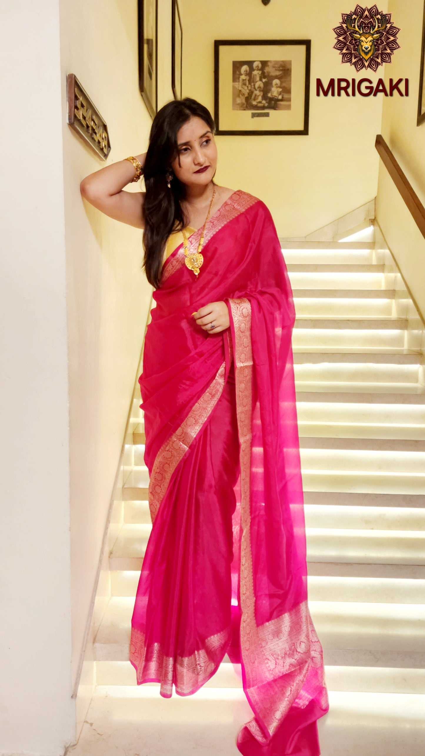 Soft Silk Plain Rani pink color Banarasi Saree with Silver color Zari border & Pallu