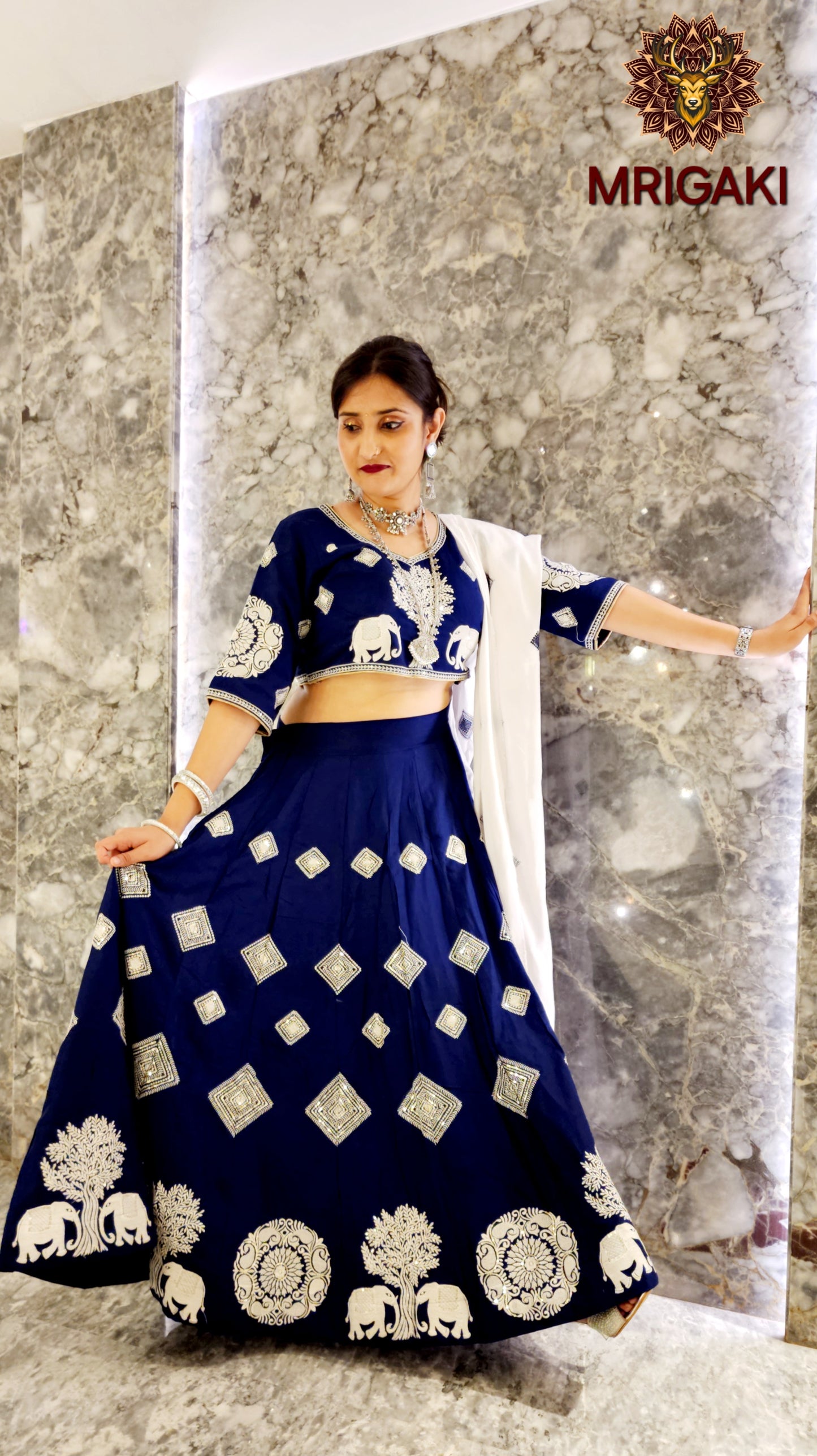 Women's Designer Trending Rajasthani Lahenga Choli with Elephant design thread work in Royal Blue White contrast colors