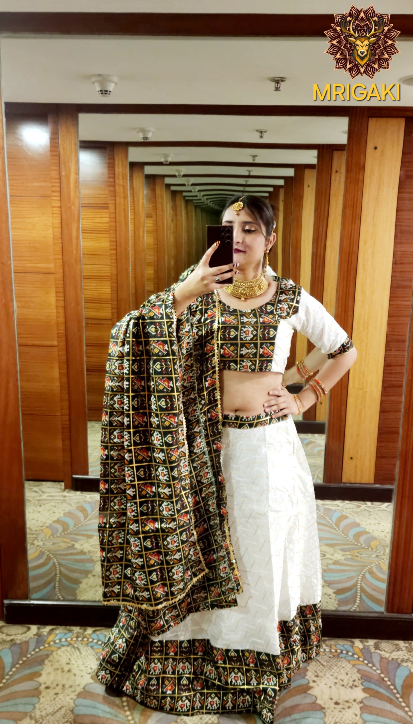 Pure Rayon Cotton Gujrati Patola print patch work border Lahenga Choli in Rama green & White contrast colors with Dupatta