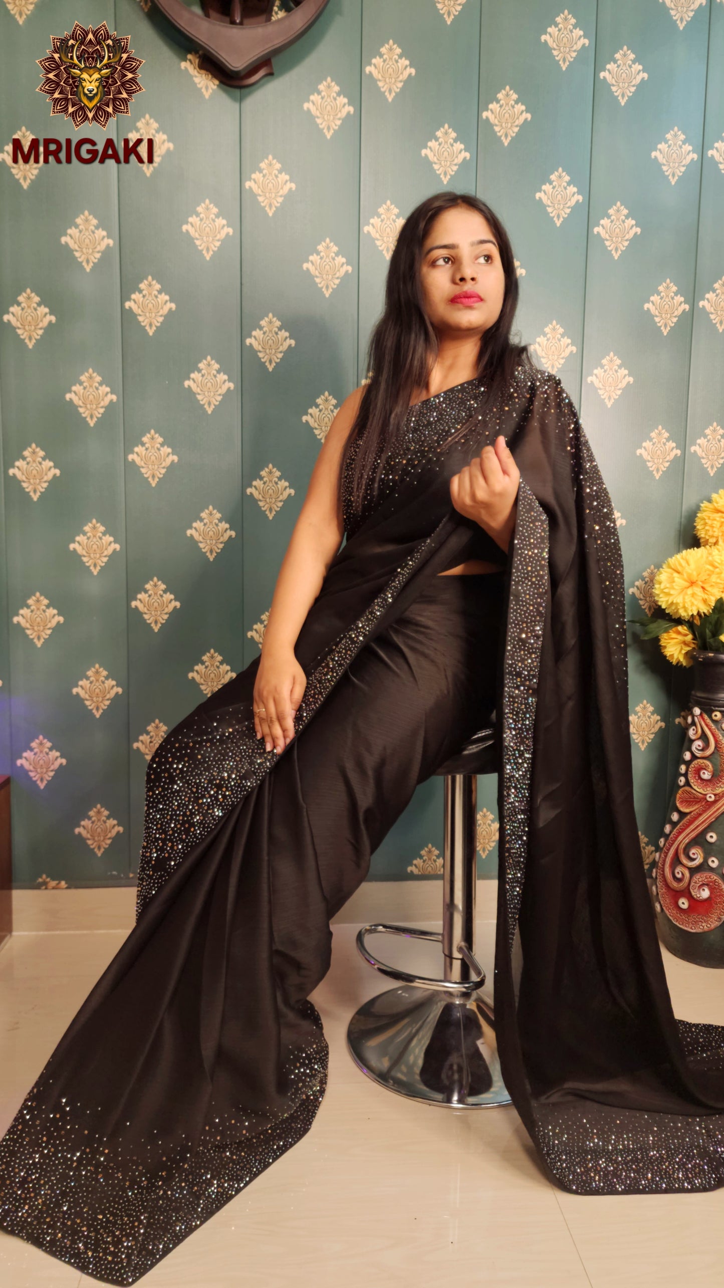 Japan Satin Silk Saree with Silver & Golden Stone work on borders