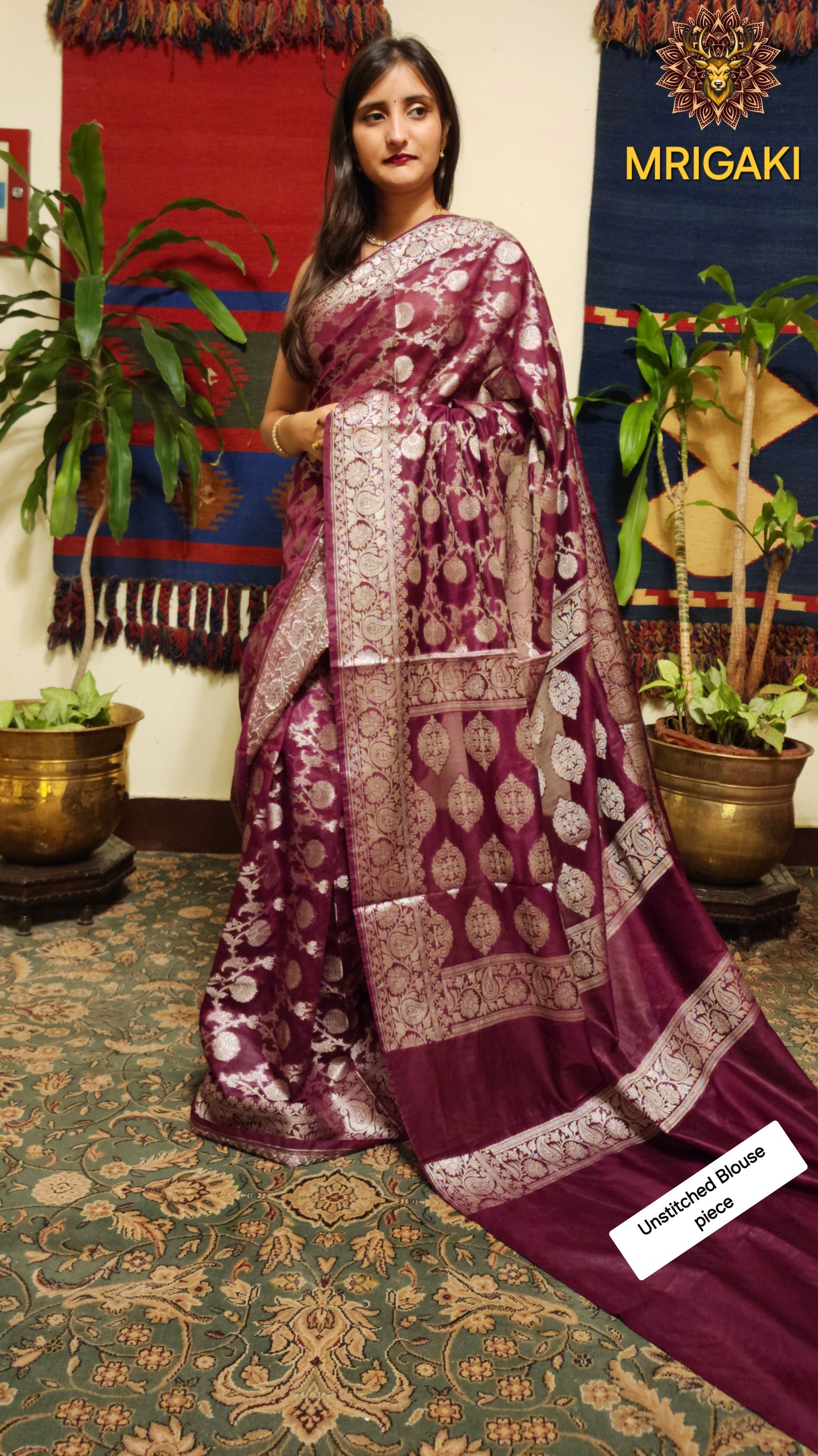Maroon color Warm Silk Banarasi Saree with Silver color Mahendi pattern Handwoven Jaal all over & Zari Border & Pallu