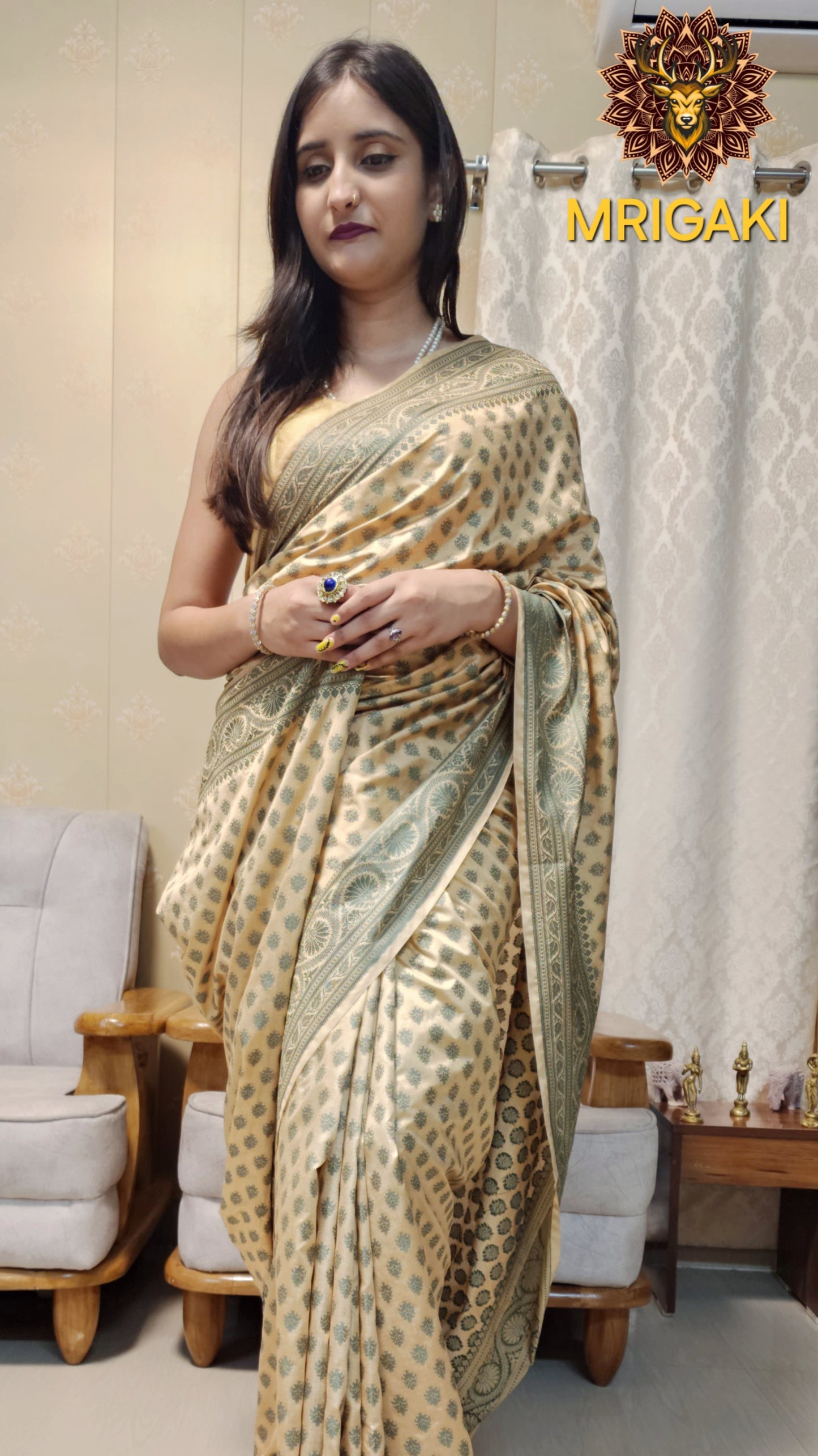 Pure Dupion Silk Resham Butti Handwoven Banarasi Saree with Olive green contrast border