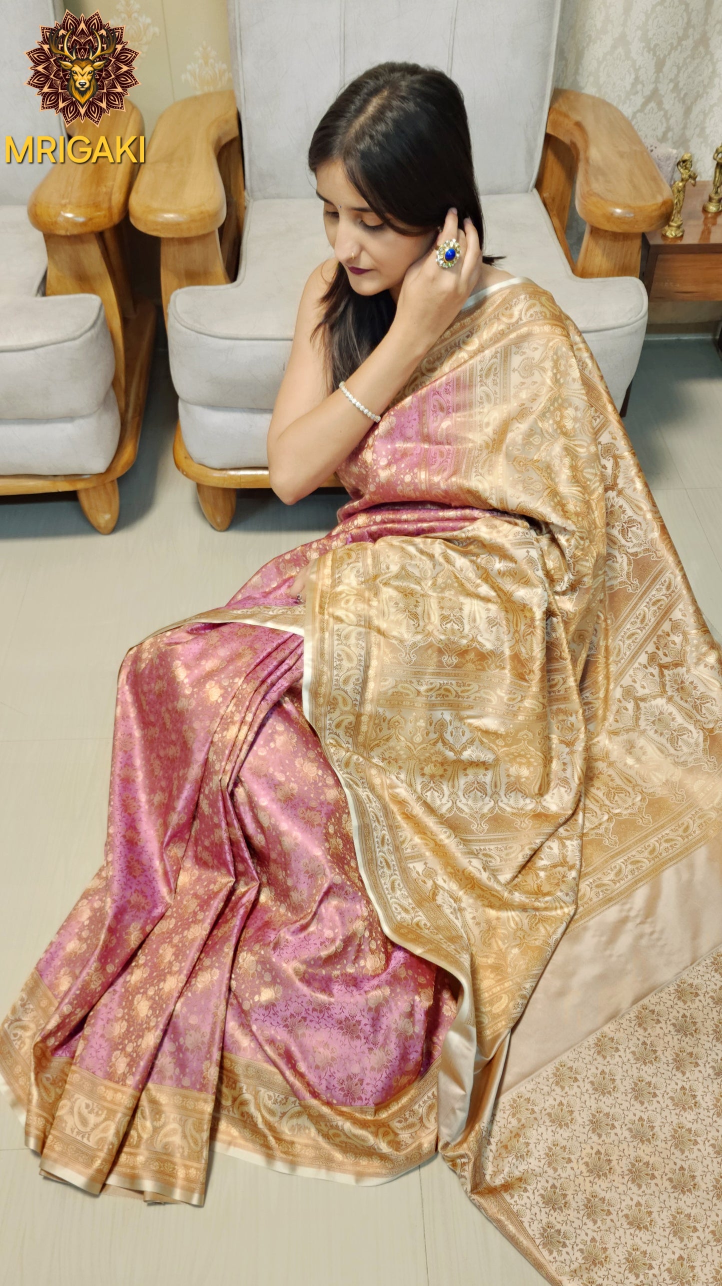 Pure Silk Jamewaar Saree in Pink Golden Contrast colors