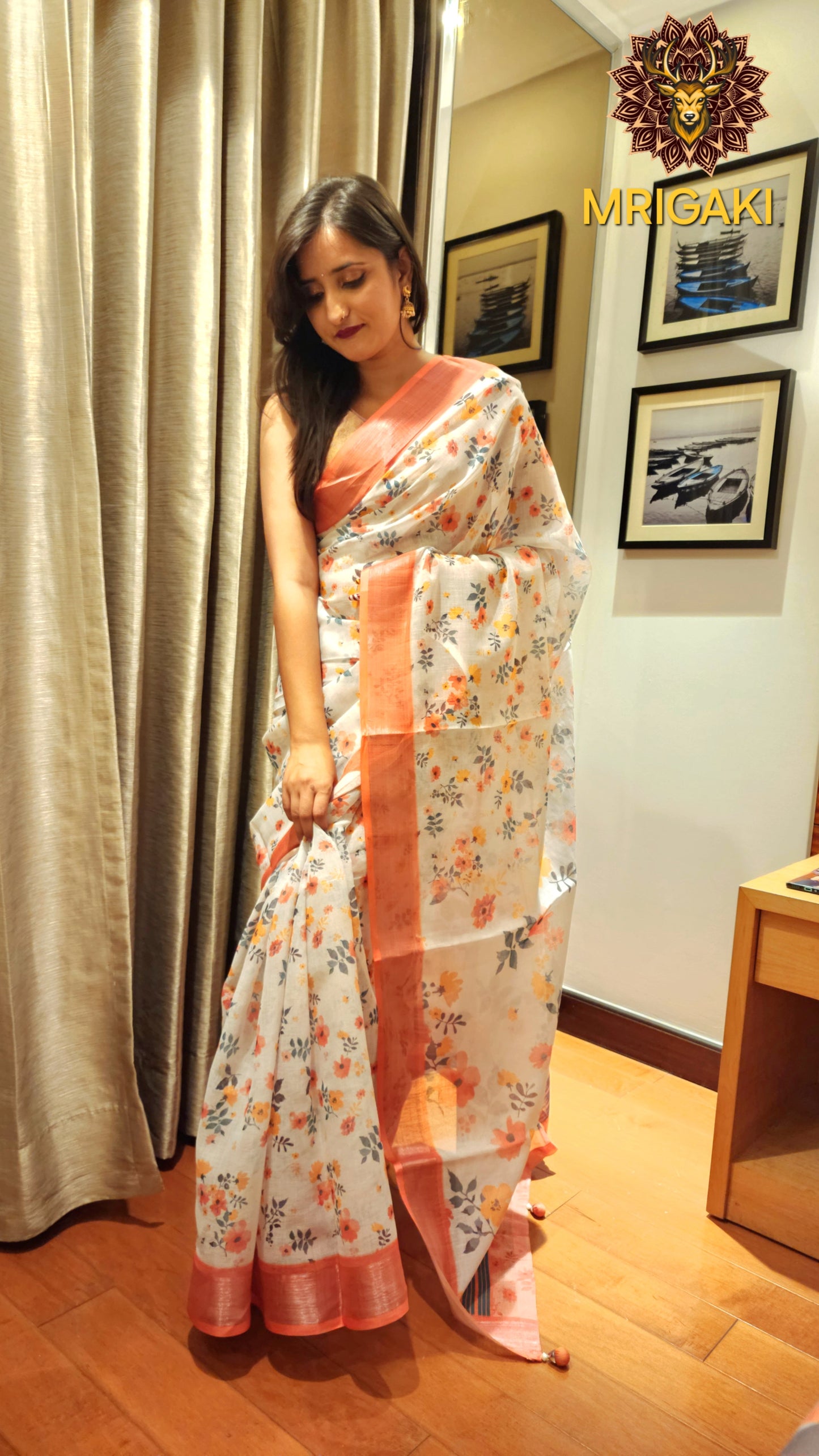 Light Brown Base Linen Saree with 3D Flowers digital print all-over, Brown border with Pom-Pom on pallu