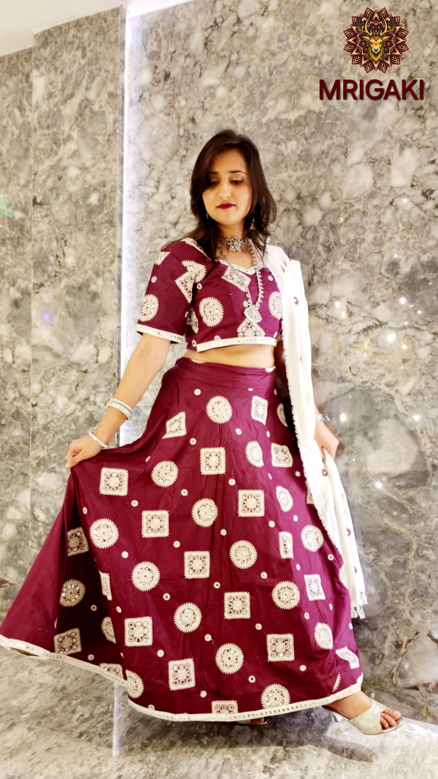 Women's Designer Trending Rajasthani Lahenga Choli with Geometrical design thread work in Maroon White contrast colors