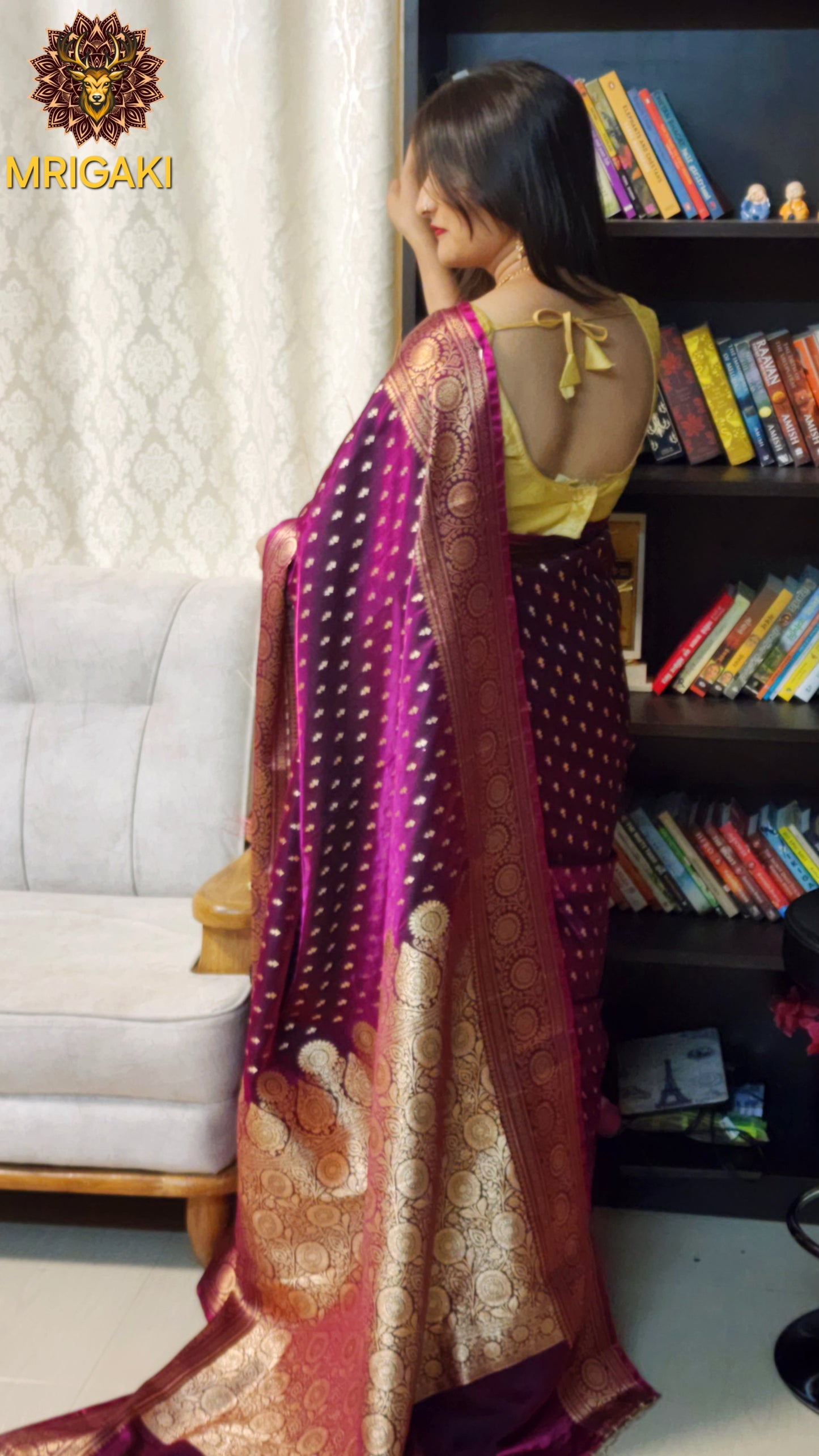 Dark Purple color Satin Silk Banarasi Saree with Thousand butti & Zari border & Pallu