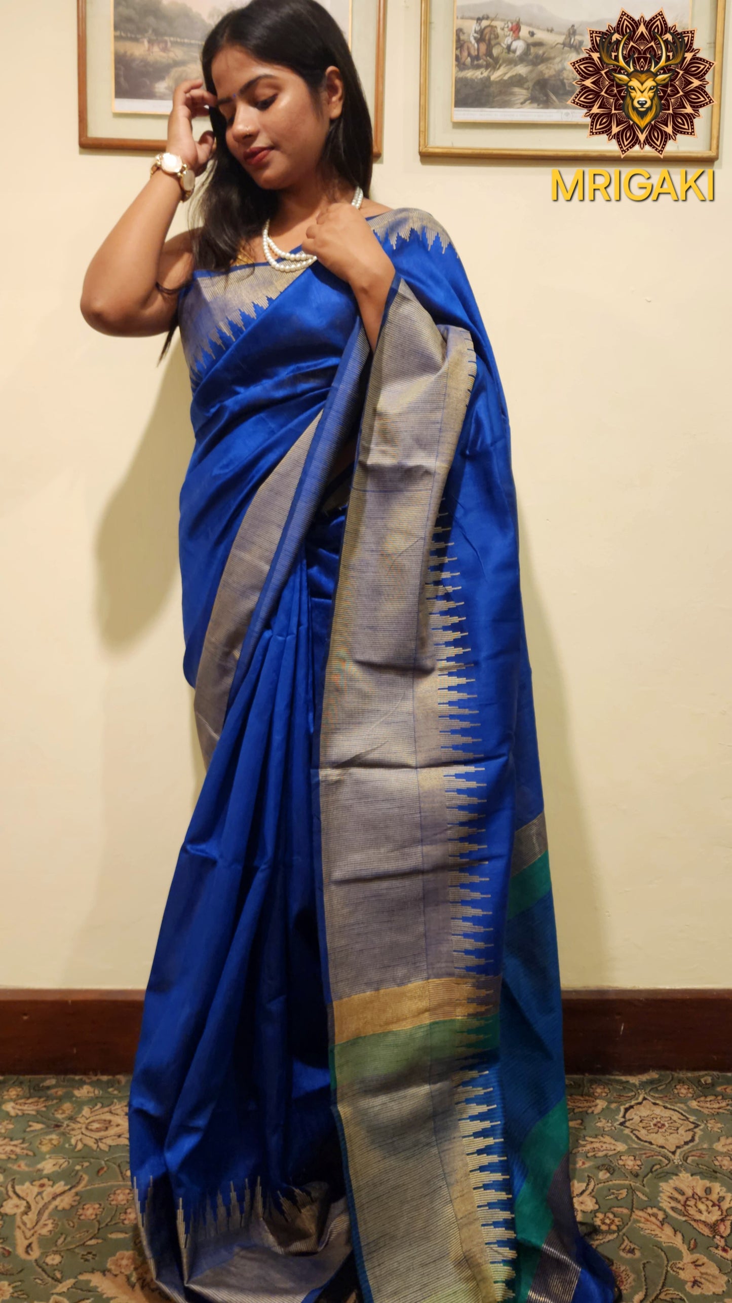 Royal Blue Color Pure Silk Cotton Ahilya Saree with Wavy Temple Saree Zari Border