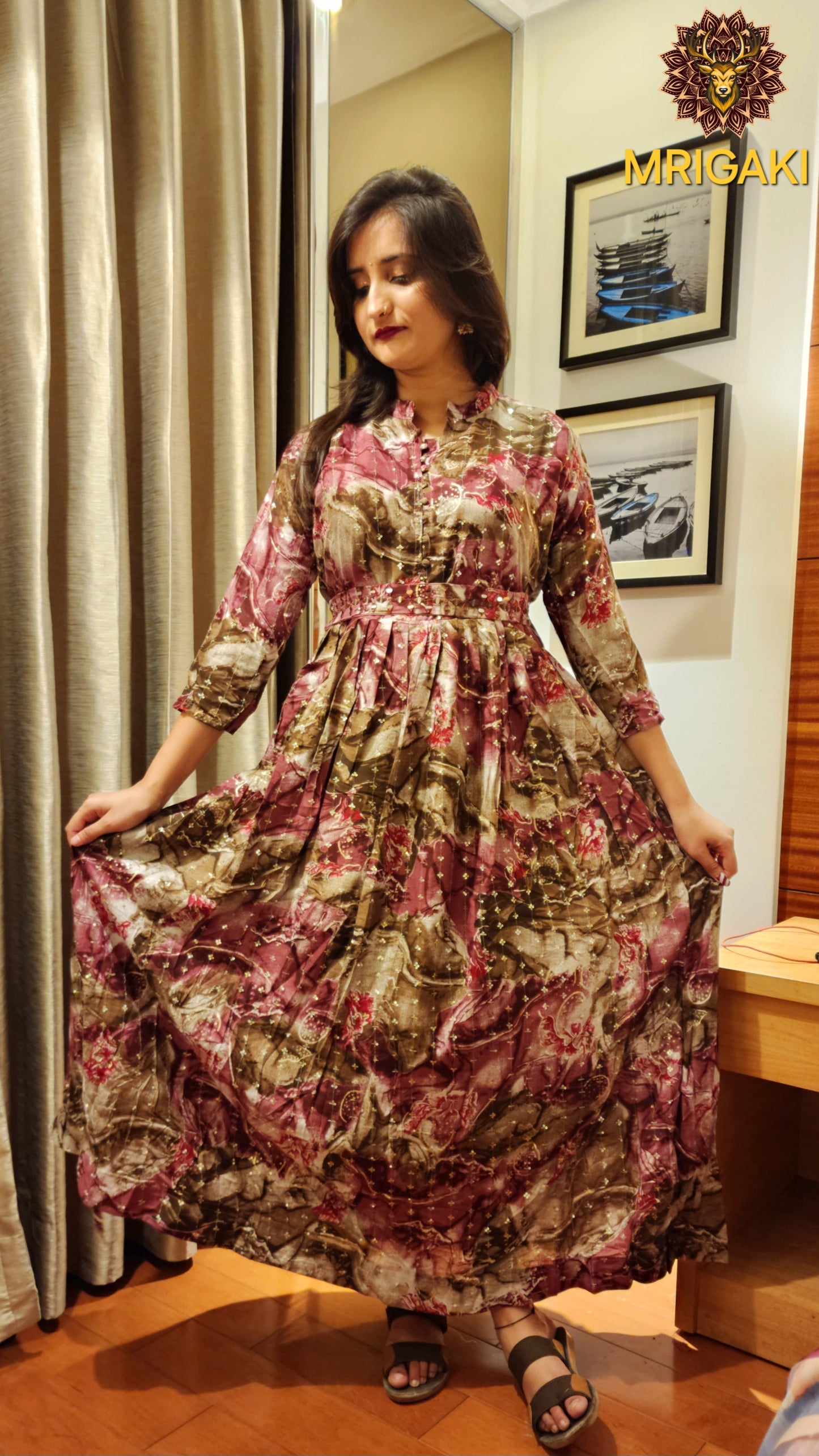 Purple Base GULKANYA Style Premium Floral Gown with Belt