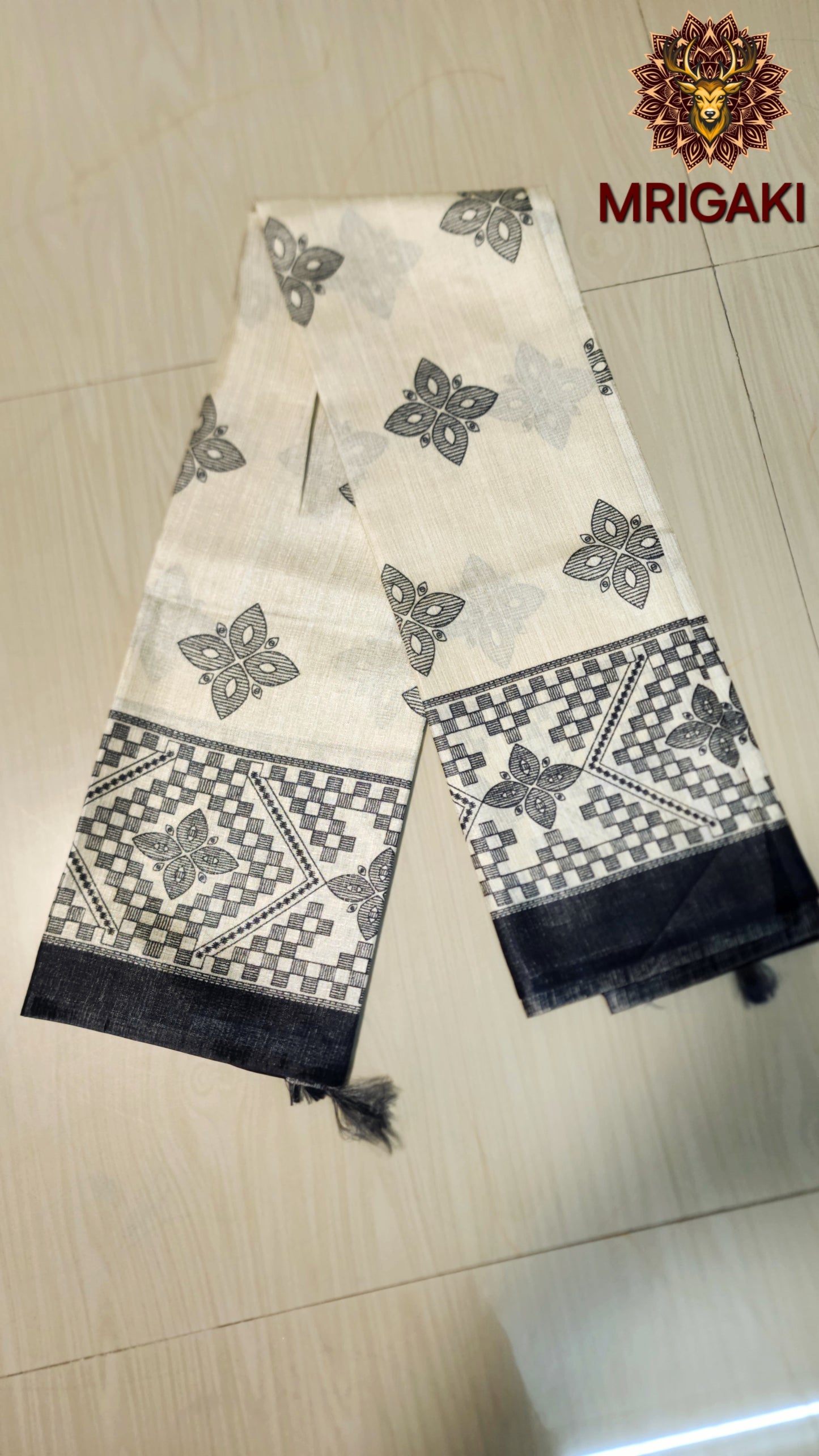 Cream color base and Black color Geometrical design all over & on borders Khadi Silk Fabric Stole/Dupatta