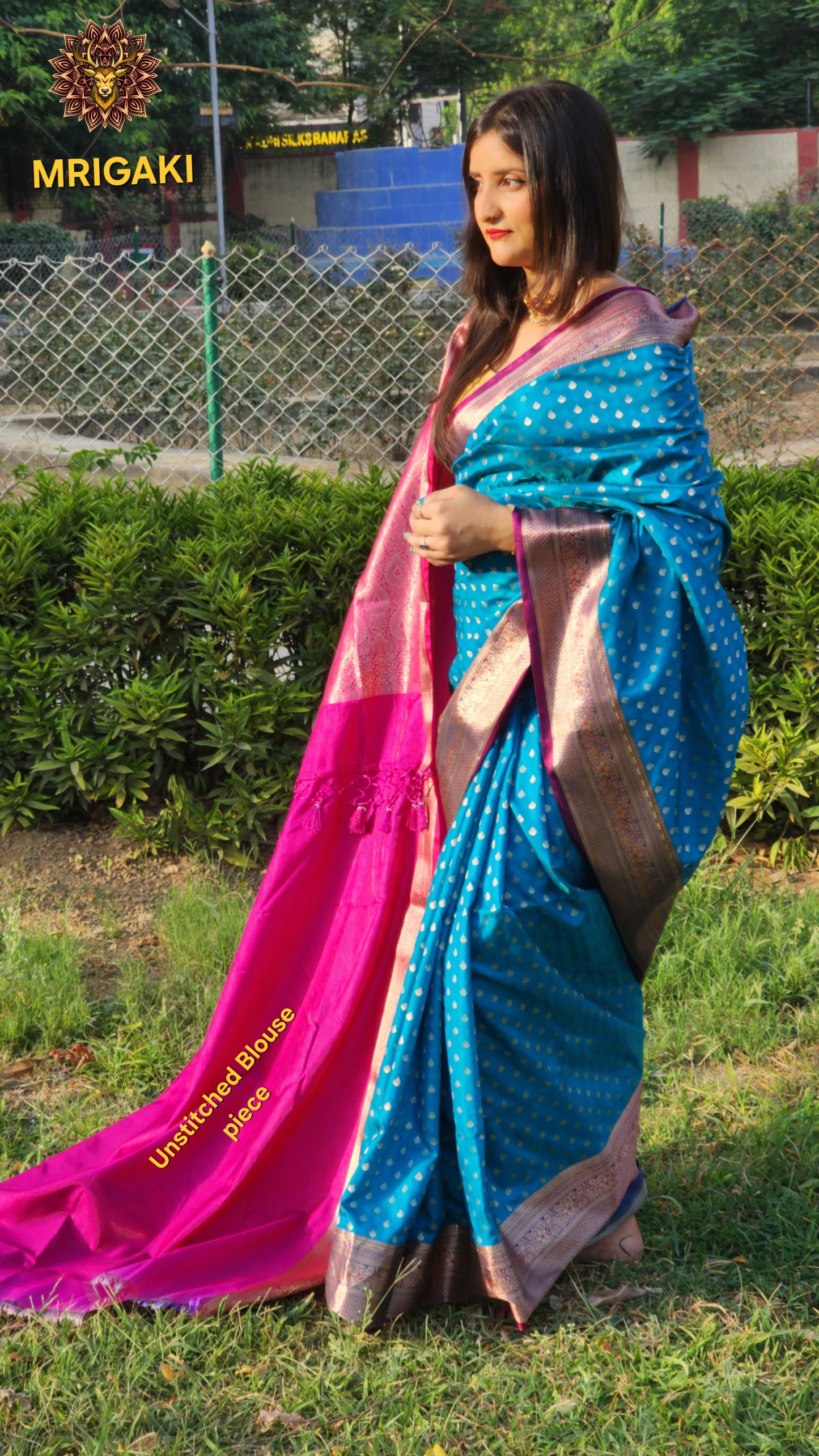 Banarasi Satin Silk Blue-Rani Pink contrast Saree with Thousand Butti & Heavy Zari Border