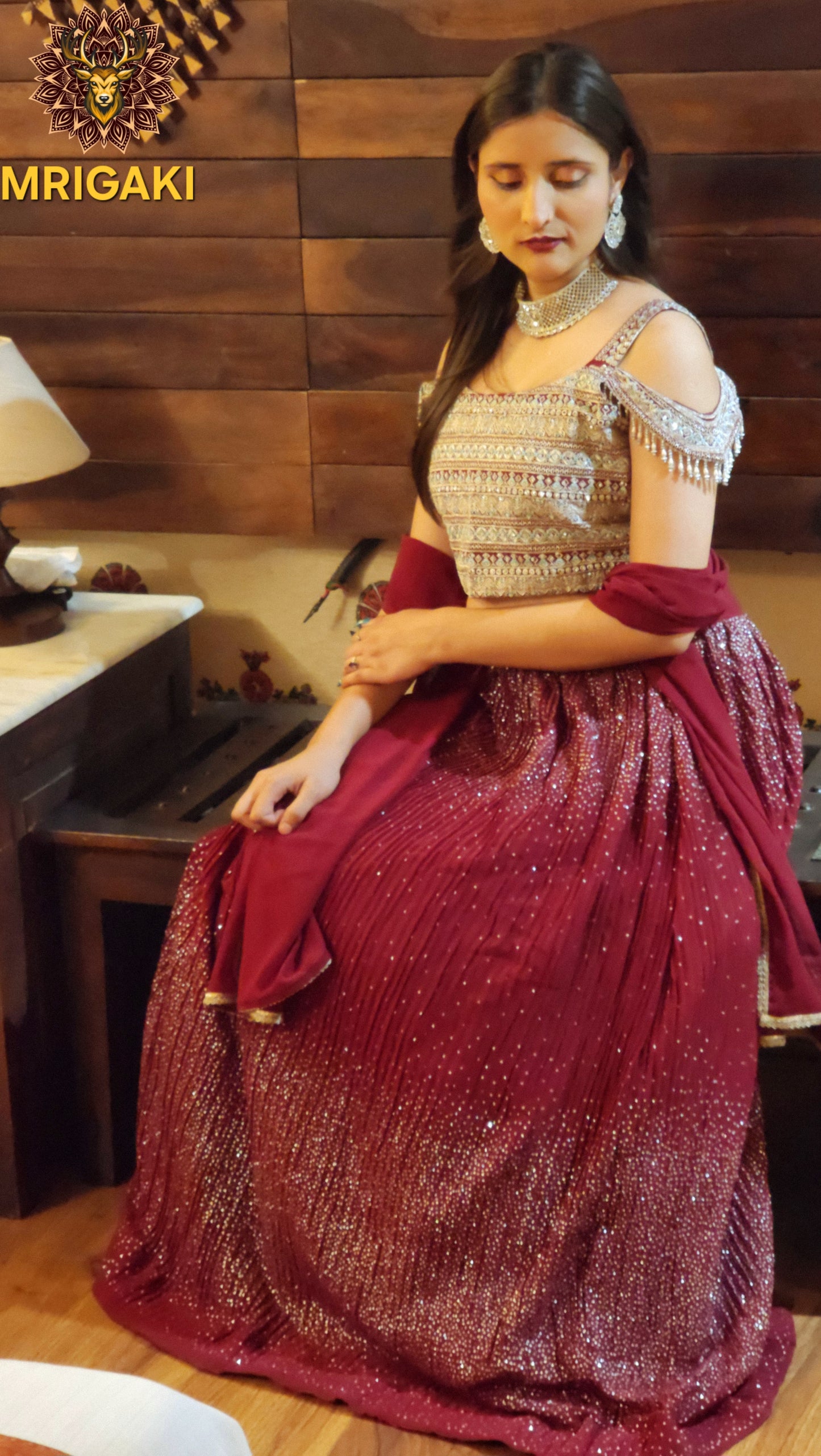 Gorgeous Maroon Silver Contrast Georgette Lahenga with Heavy All over work Crop-top, Stylish sleeves