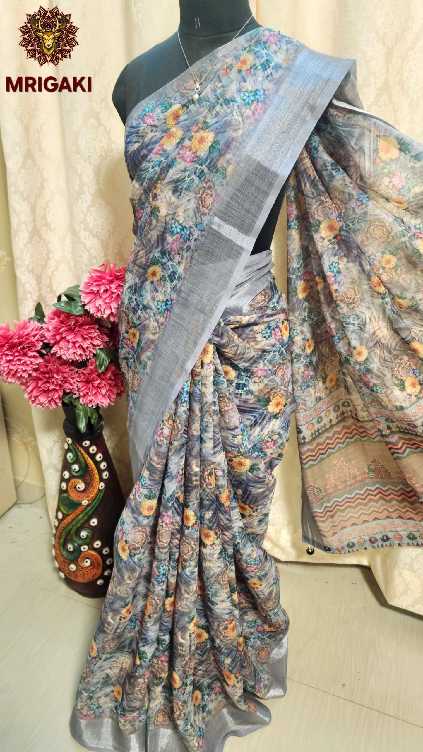 Abalone Grey Linen Saree with Multicolor Digital Print