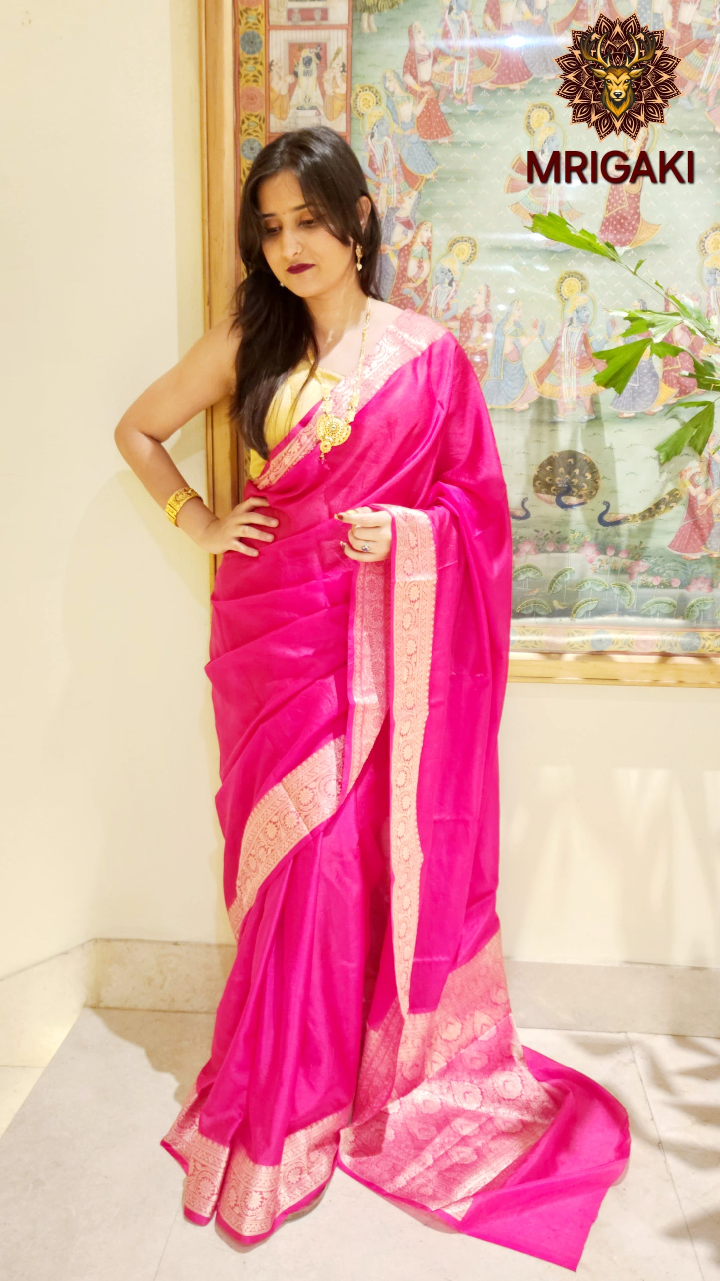 Soft Silk Plain Rani pink color Banarasi Saree with Silver color Zari border & Pallu