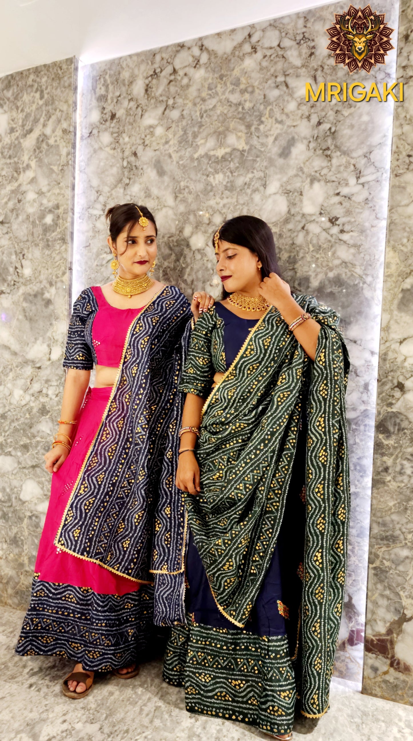 Rajasthani Elegant Mirror work Bandhani Lehenga Choli in Rani pink & Royal blue contrast colors, with Dupatta
