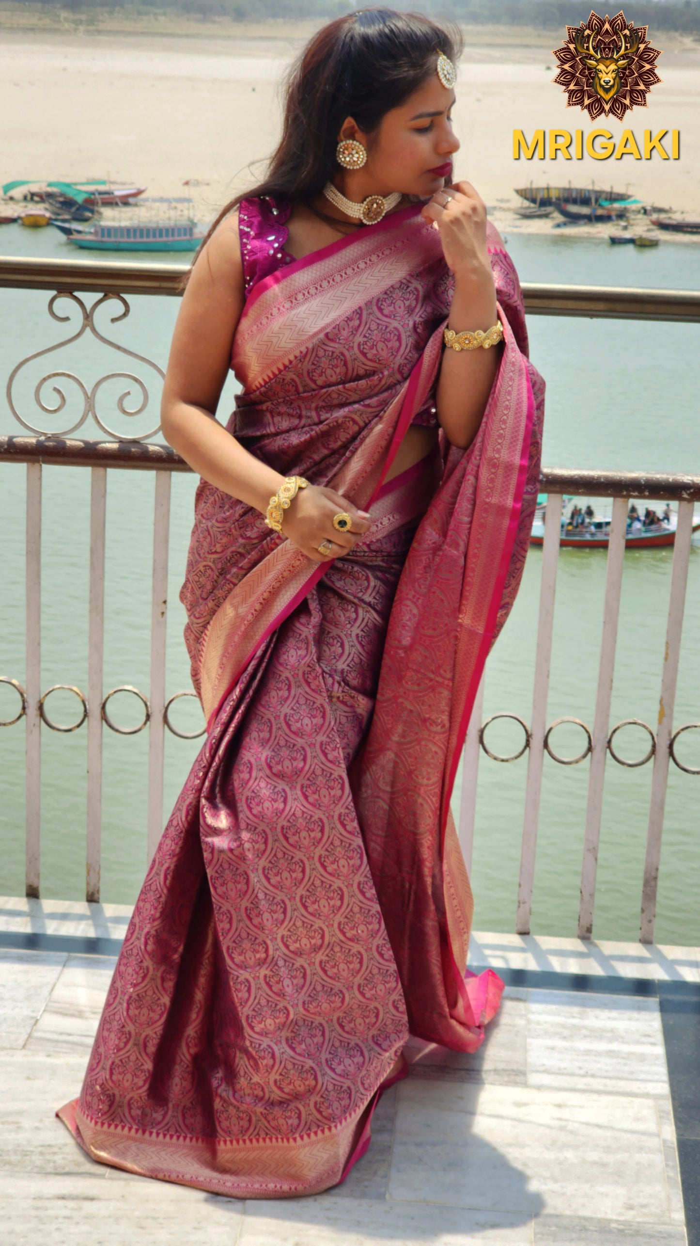 Minakari Tanchoi Semi-Katan Silk Easy drape Rani Pink Saree with Designer blouse