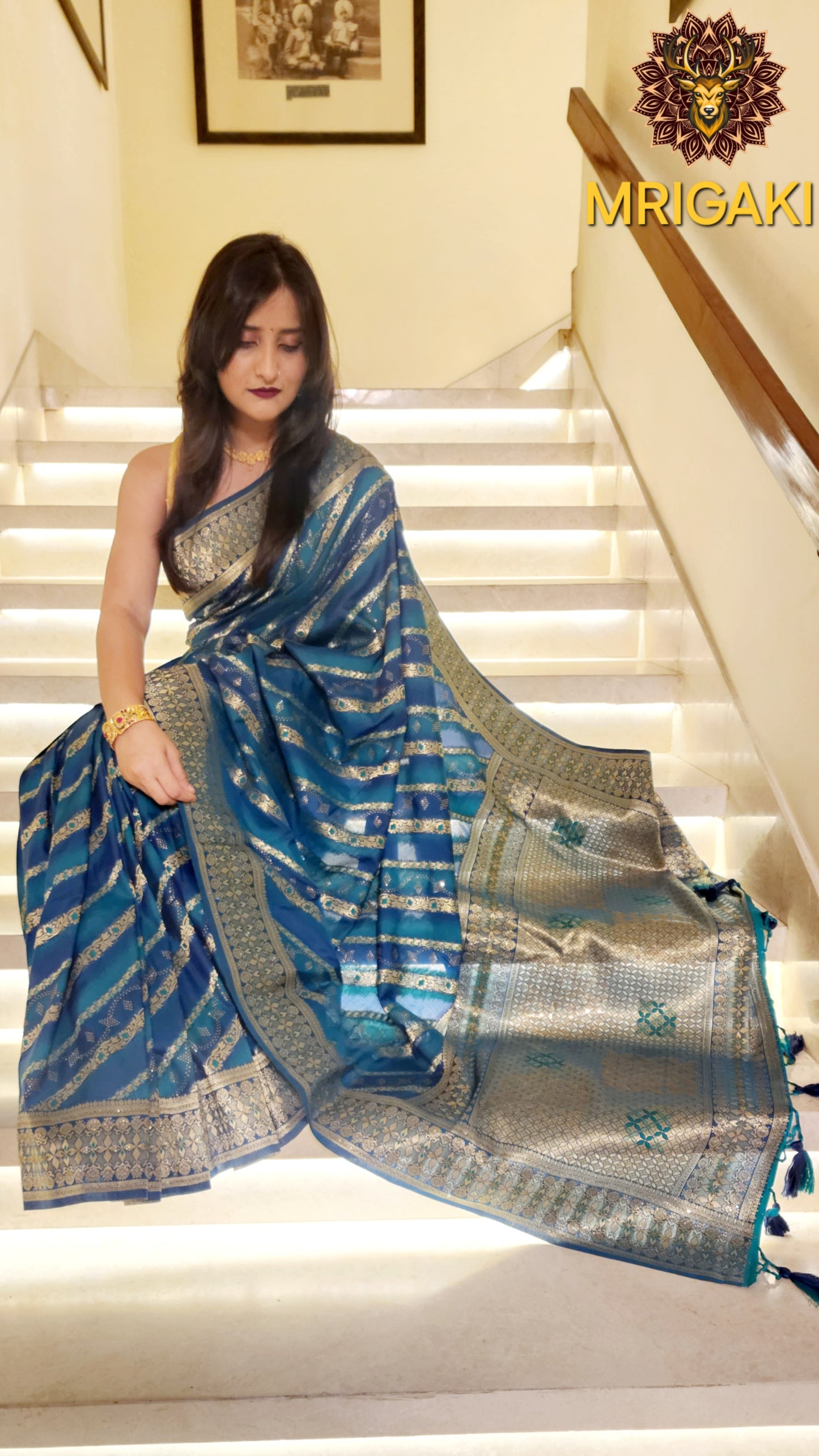 Laheriya pattern Dupion Silk saree with Contrast Blue colors & golden zari intricate work on borders & pallu