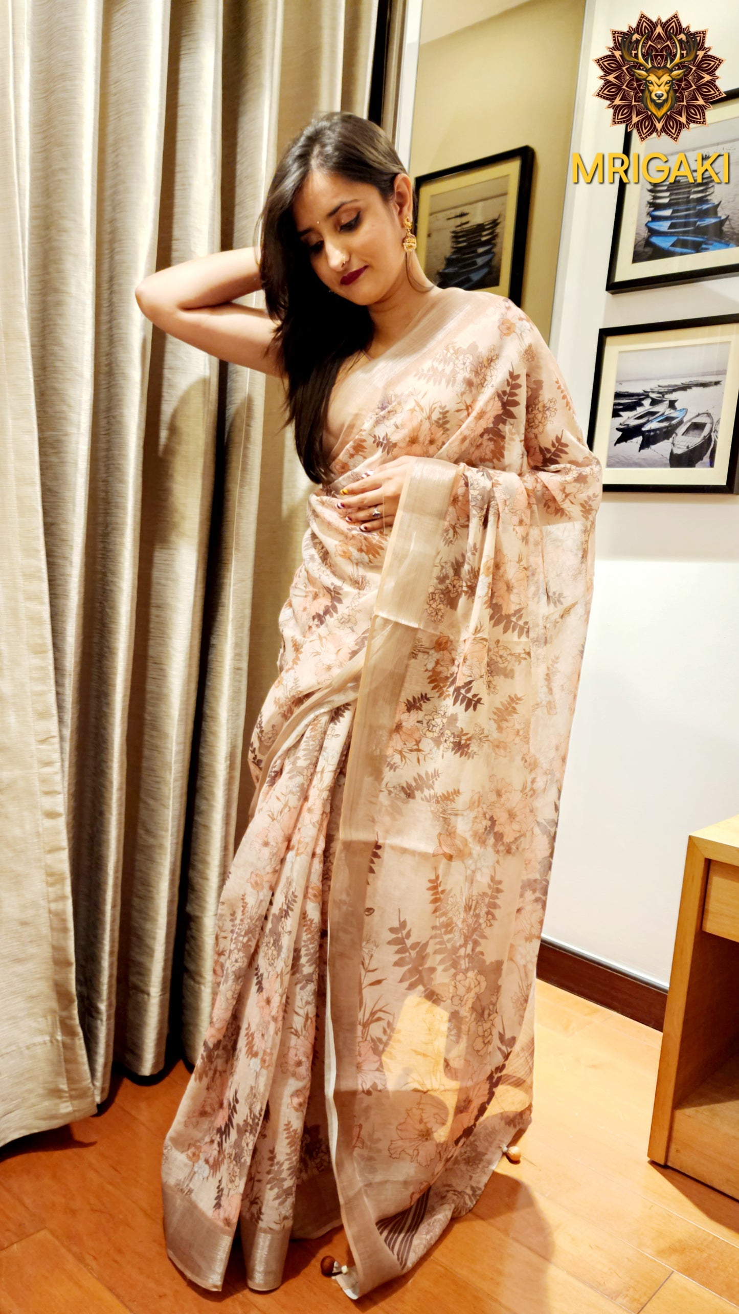 Beige Base Linen Saree with Big flowers digital design all-over, light brown border with Pom-Pom on Pallu