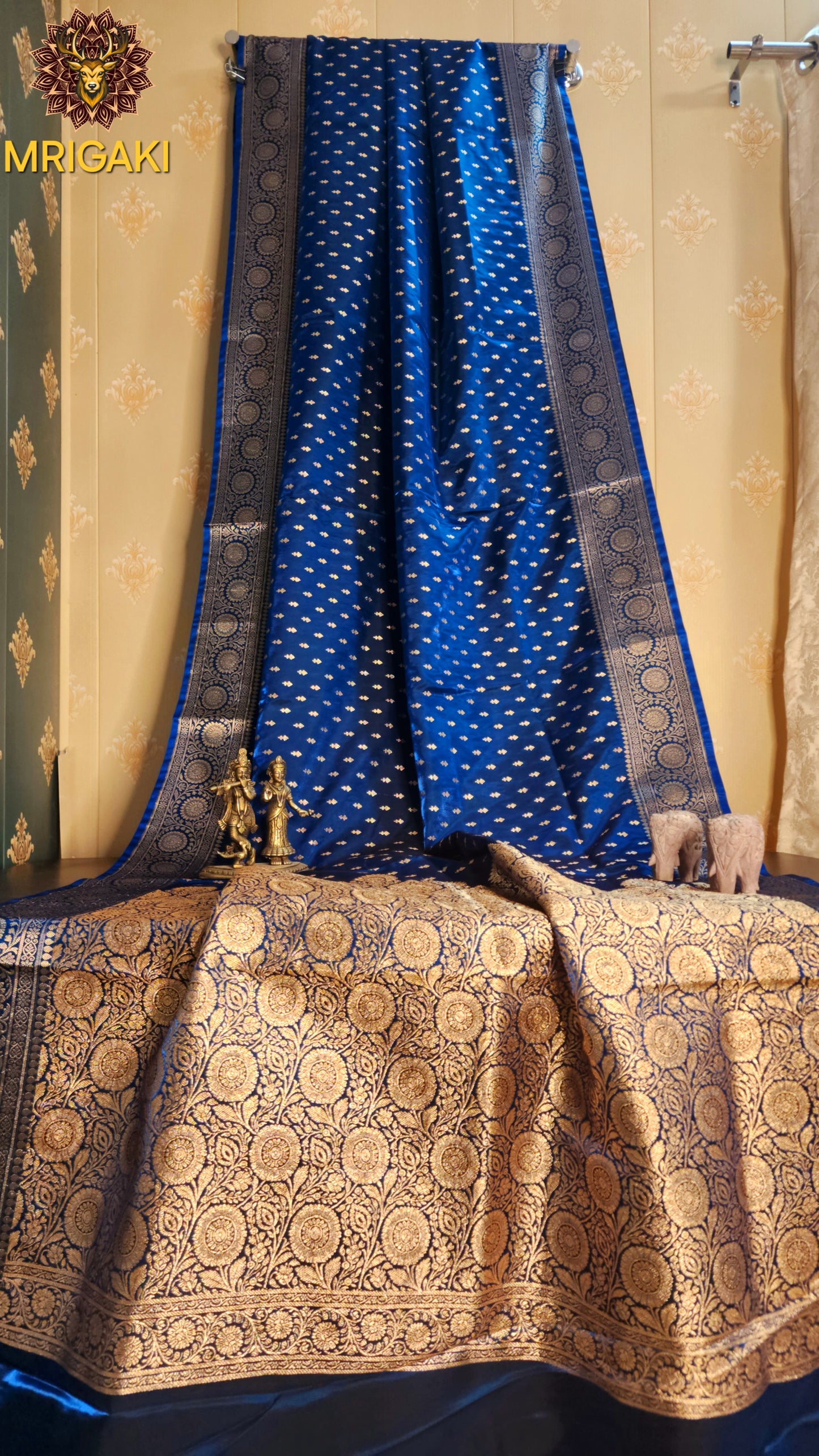 Royal Blue color Satin Silk Banarasi Saree with Thousand butti & Zari border & Pallu