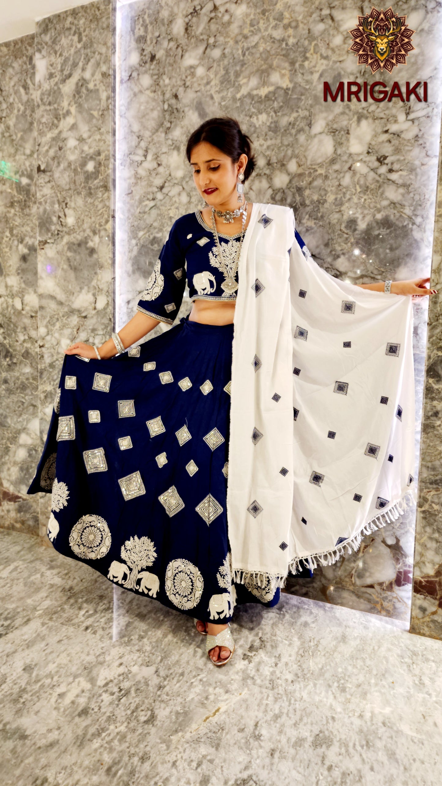Women's Designer Trending Rajasthani Lahenga Choli with Elephant design thread work in Royal Blue White contrast colors