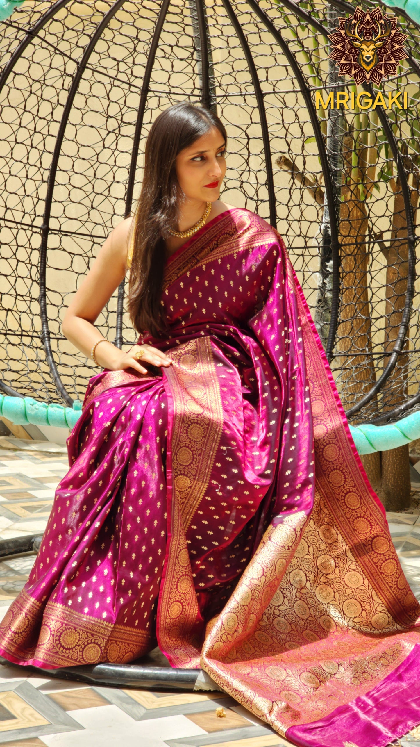 Dark Purple color Satin Silk Banarasi Saree with Thousand butti & Zari border & Pallu
