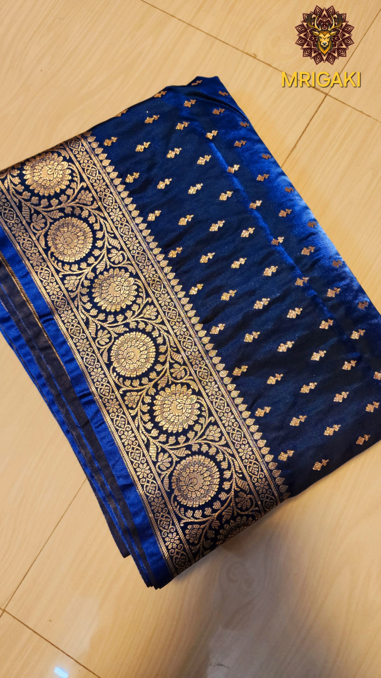 Royal Blue color Satin Silk Banarasi Saree with Thousand butti & Zari border & Pallu
