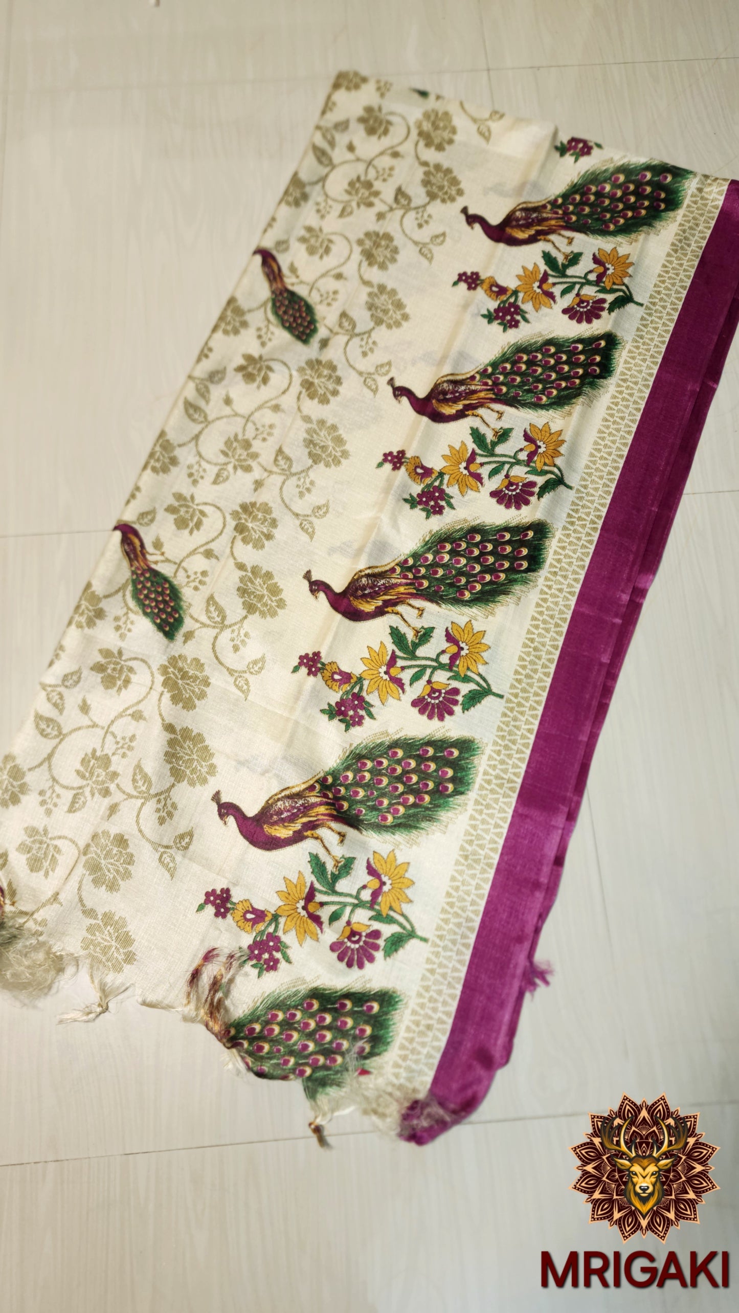 Handloom Khadi Silk Stole/Dupatta in Beige base color with Peacock design art