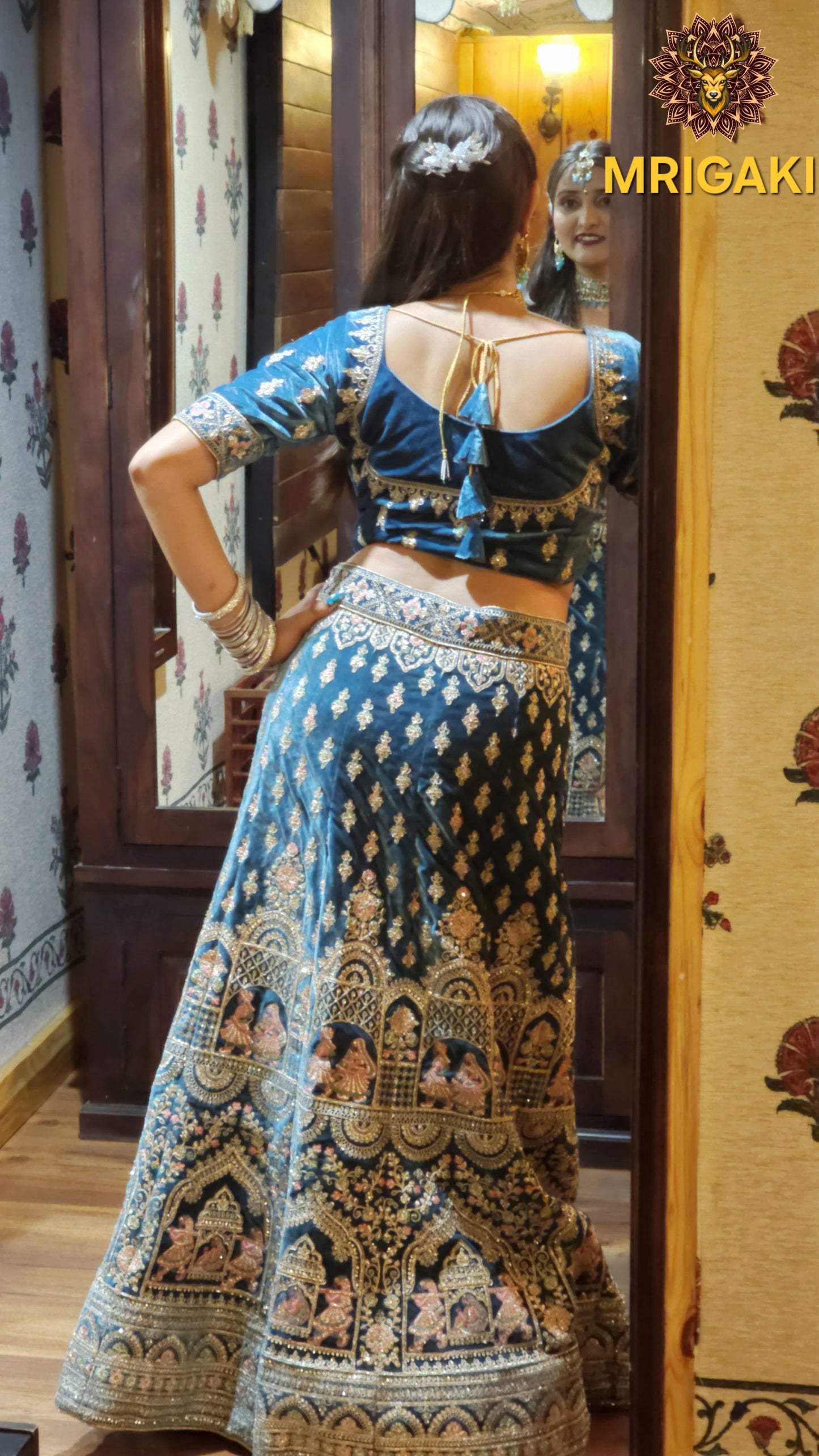 Fabulous Velvet Dulha Dulhan Embroidery Light Blue color Lahenga Choli