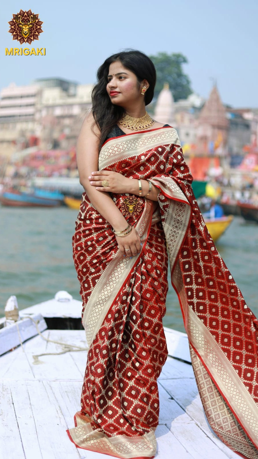 Pure Dupion Silk Banarasi Saree in Black Maroon contrast with Golden Cheques
