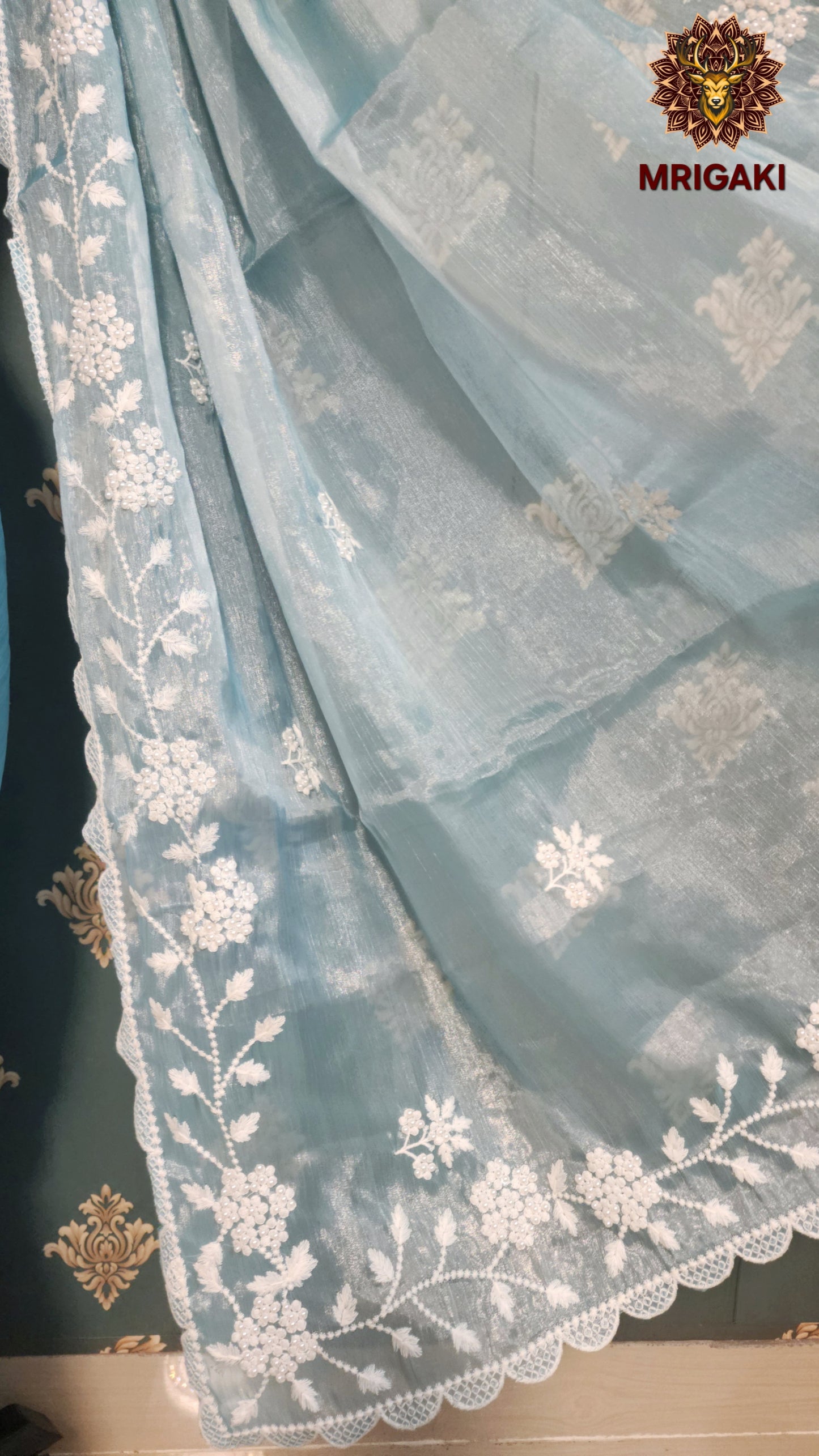 Jimmy Choo Fabric with Flower pattern White Pearl (Moti) work on borders & butti inside