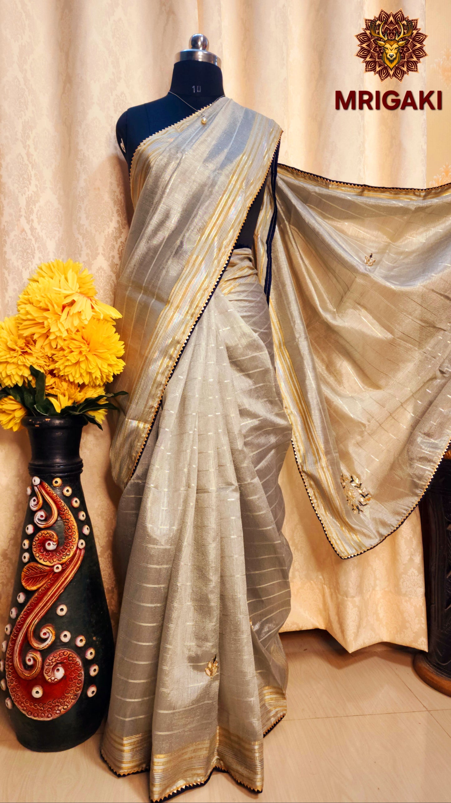 Chanderi Silk Cotton Saree with Zari work on Borders & Nalki work flower designs inside & on Pallu