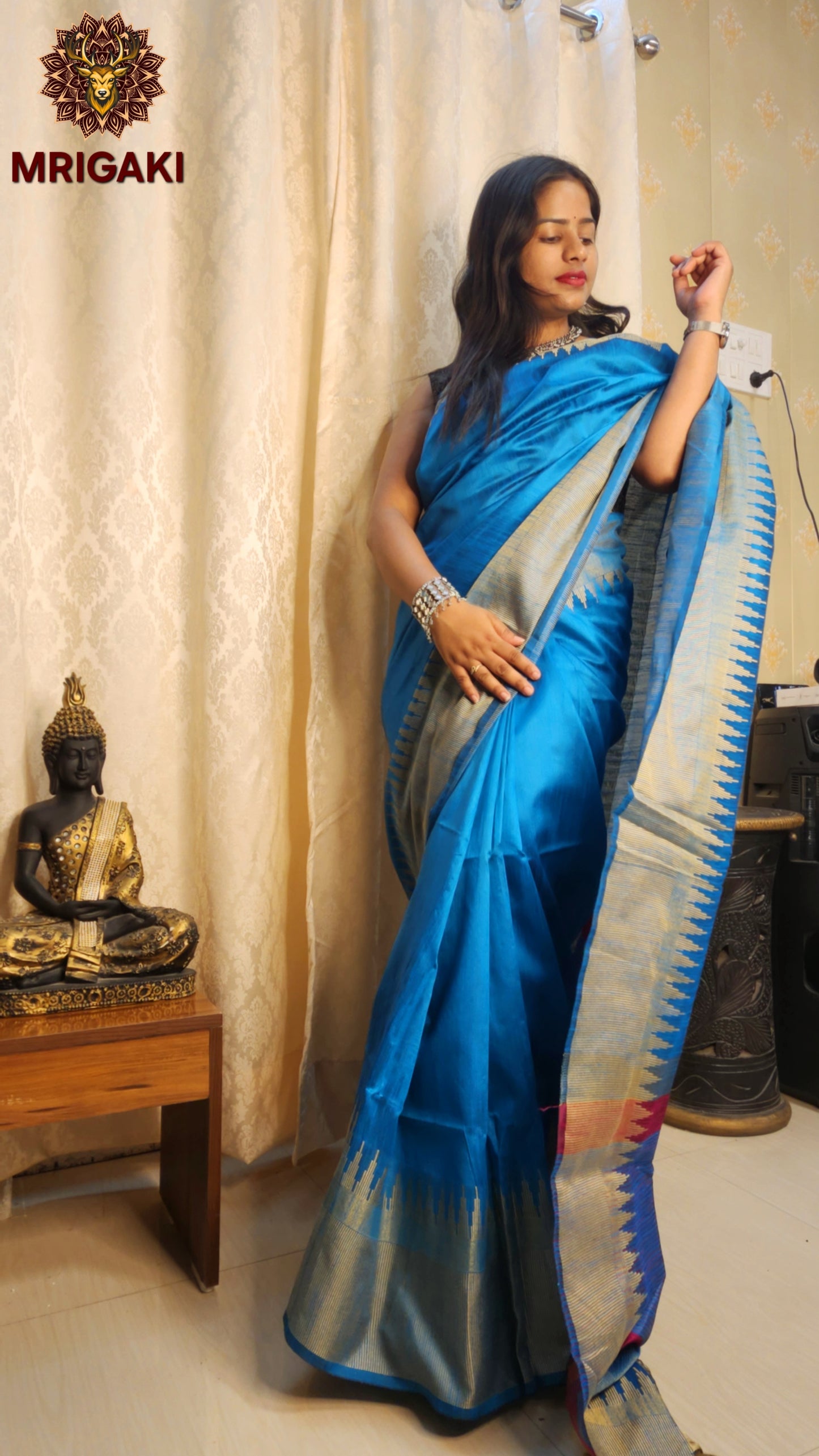 Pure Silk Cotton Ahilya Saree with Wavy Temple Saree Zari Border