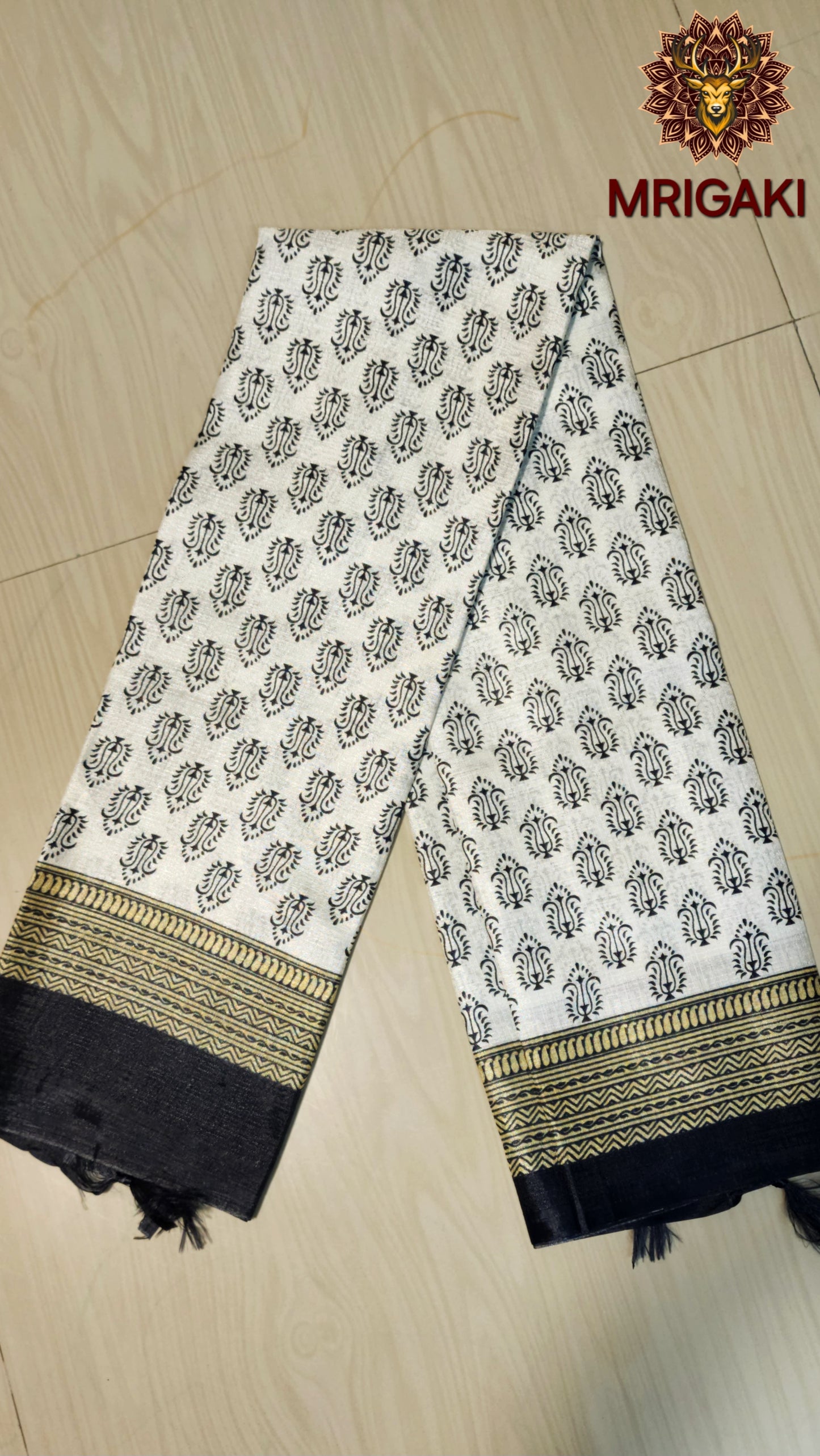 White Base color Khadi Silk Fabric Stole/Dupatta with Bagru digital print art over it & Golden geometrical border