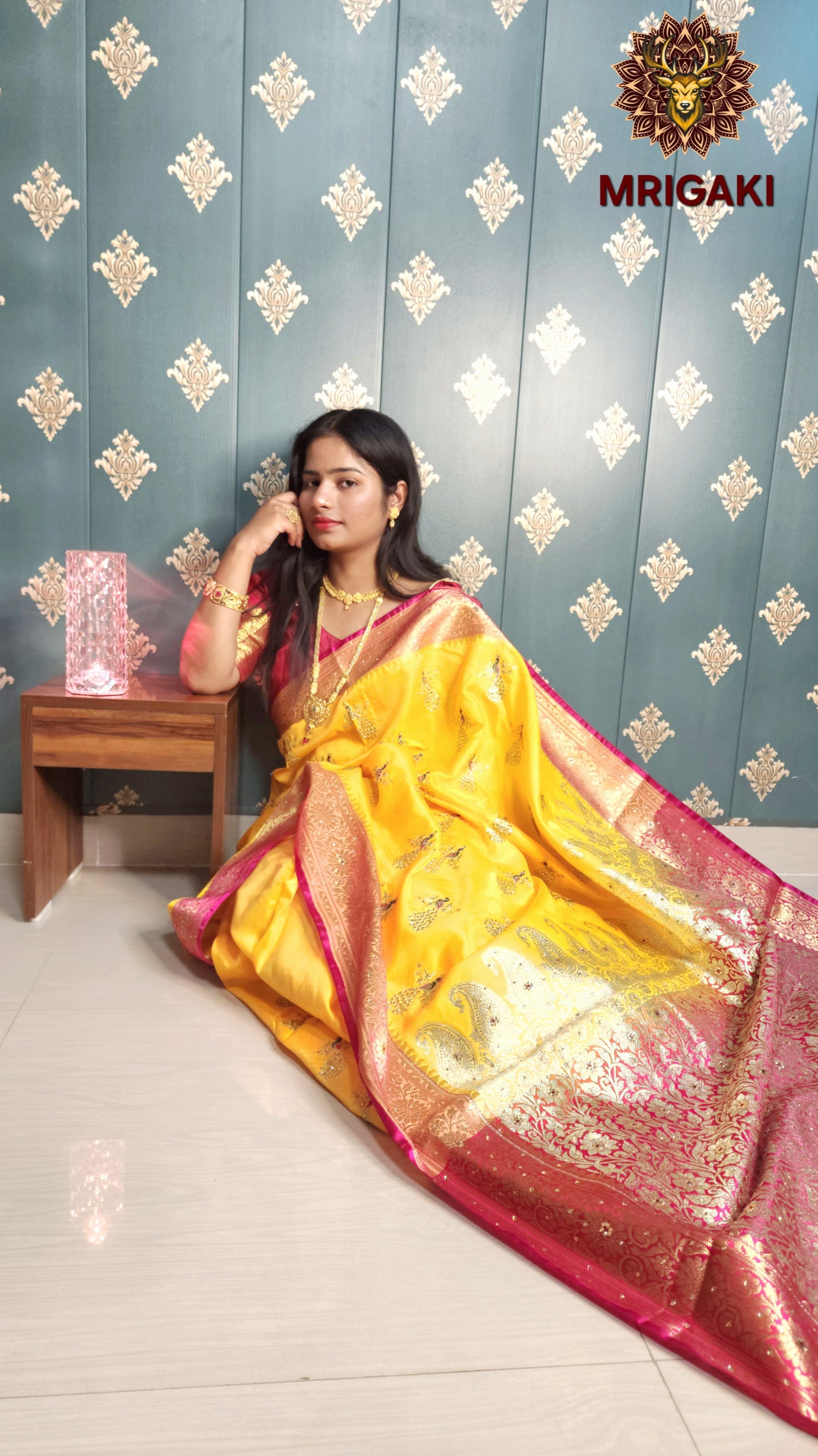 Yellow Rani Pink Satin Silk Saree with Golden stone designer peacock work all over, Zari border, Brocade Pallu